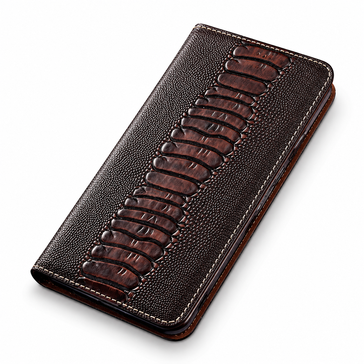 Premium iPhone Case Genuine Leather Ostrich Pattern Wallet Magnetic Card Holder Kickstand Water Resistant Anti Scratch Full Coverage Protective Cover