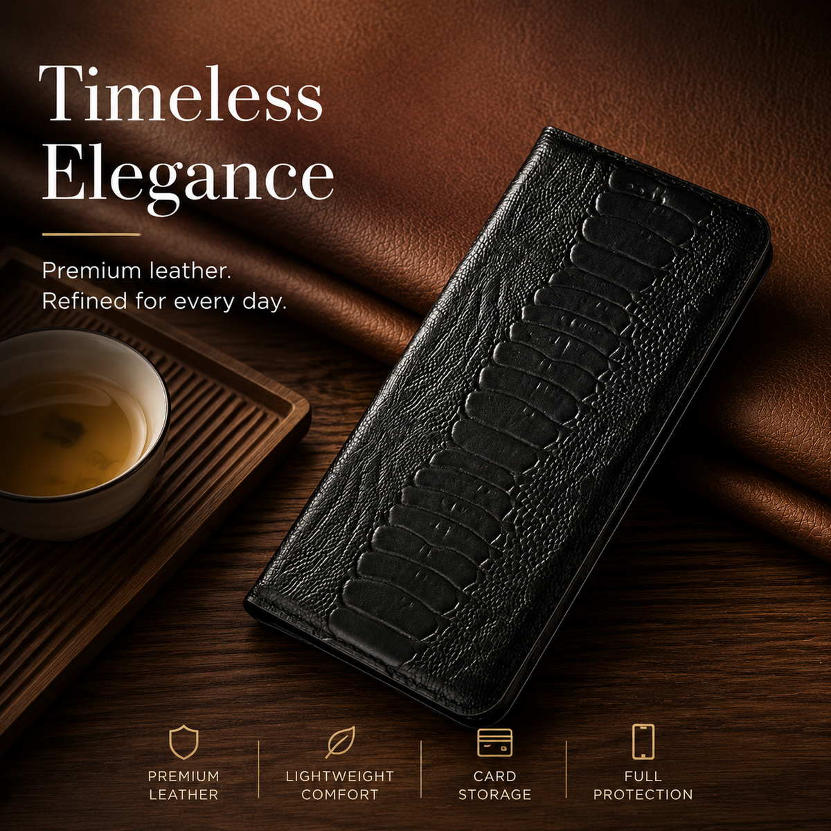 Premium iPhone Case Genuine Leather Ostrich Pattern Wallet Magnetic Card Holder Kickstand Water Resistant Anti Scratch Full Coverage Protective Cover