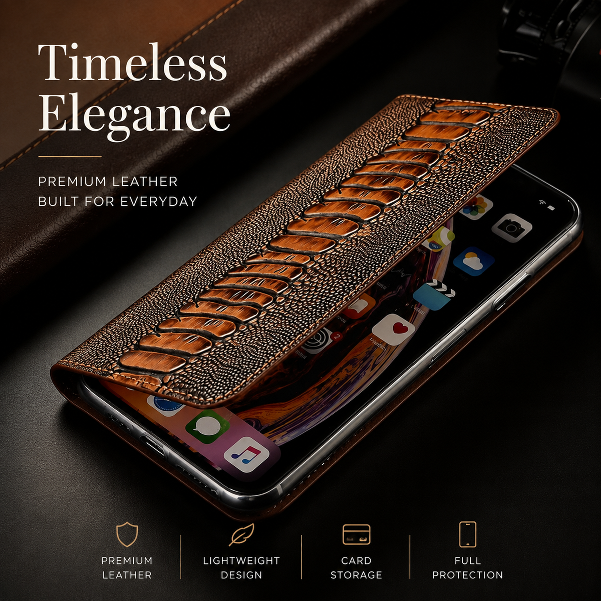 Premium iPhone Case Genuine Leather Ostrich Pattern Wallet Magnetic Card Holder Kickstand Water Resistant Anti Scratch Full Coverage Protective Cover