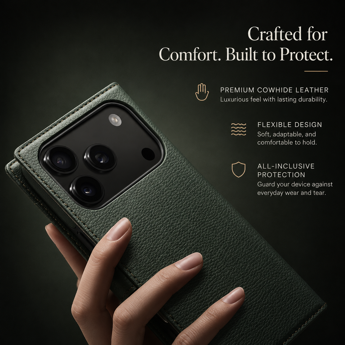 Premium iPhone Case Genuine Leather Wallet Flip Cover Card Holder Kickstand Stand Shockproof Slim Cowhide TPU Lining Non Slip Protective Design Secure