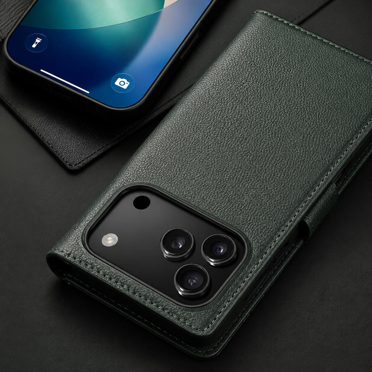 Premium iPhone Case Genuine Leather Wallet Flip Cover Card Holder Kickstand Stand Shockproof Slim Cowhide TPU Lining Non Slip Protective Design Secure