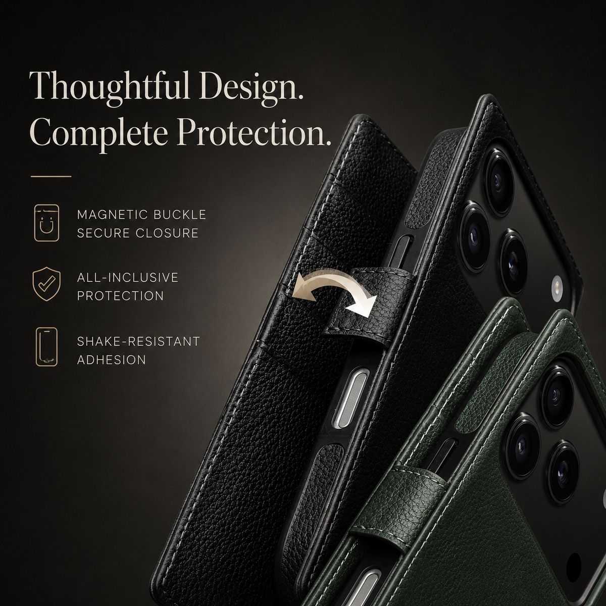 Premium iPhone Case Genuine Leather Wallet Flip Cover Card Holder Kickstand Stand Shockproof Slim Cowhide TPU Lining Non Slip Protective Design Secure