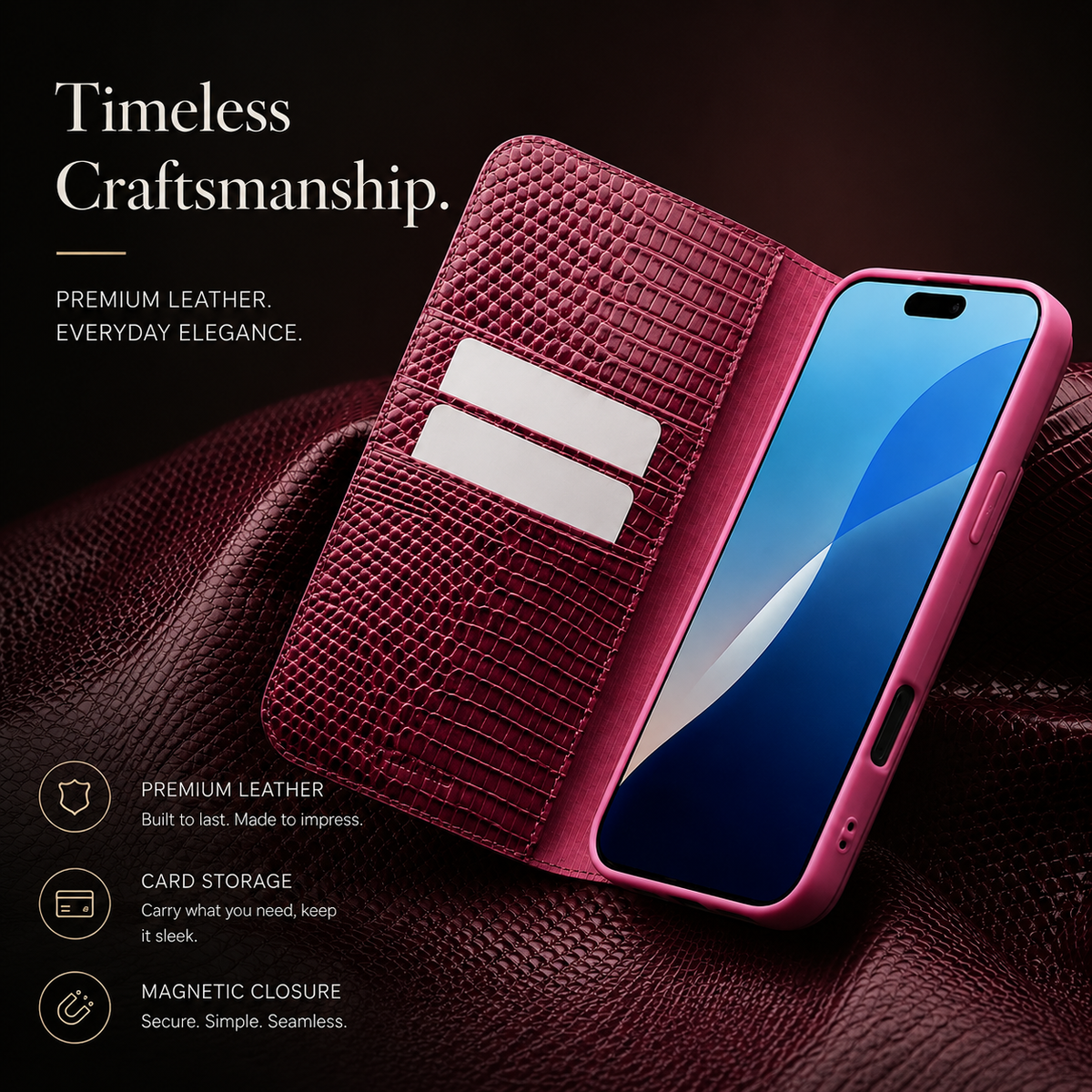 Premium iPhone Case Genuine Leather Wallet Flip Cover Magnetic Closure Kickstand Shockproof Full Body Protection Card Holder Luxury Design