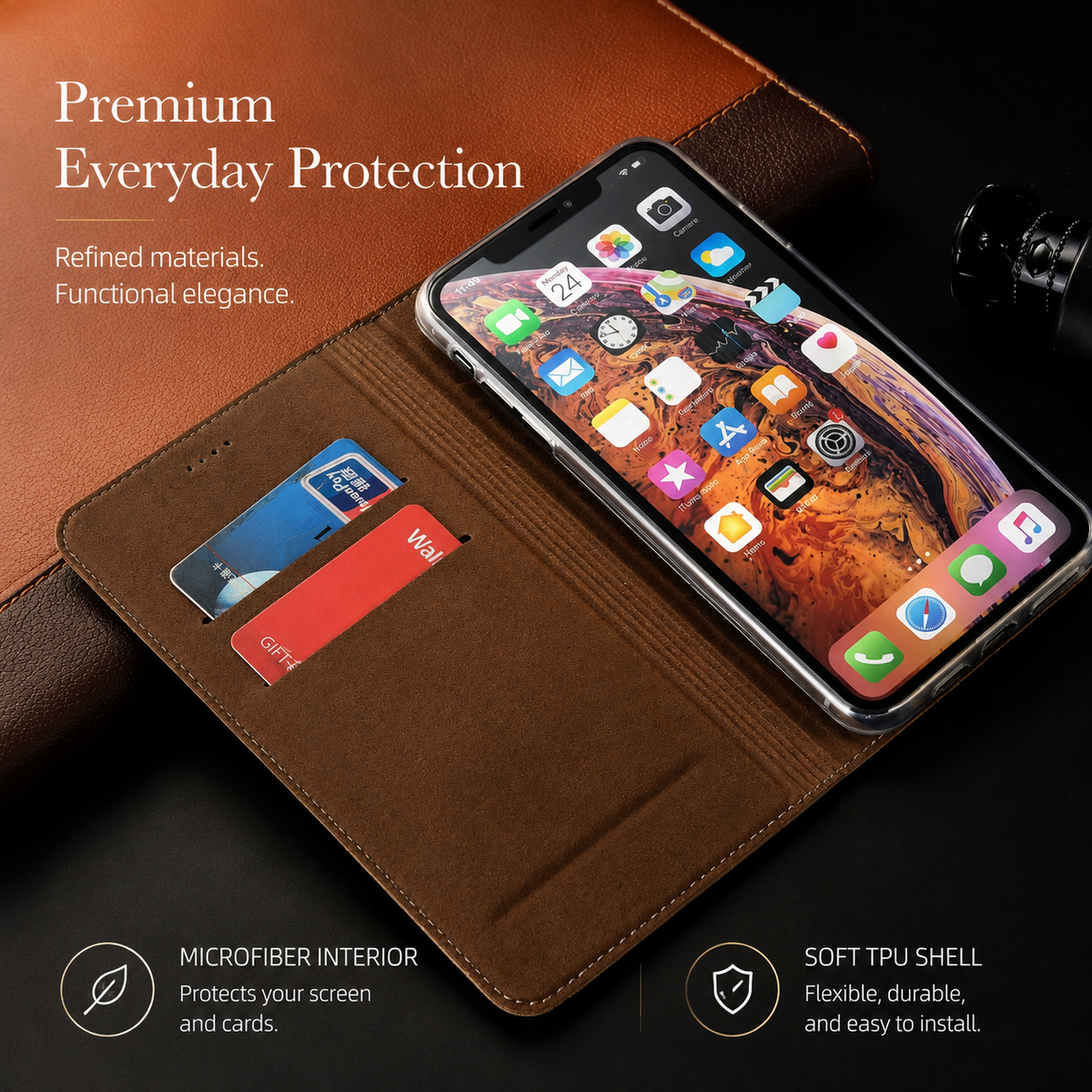 Premium iPhone Case Genuine Leather Wallet MagSafe Compatible Flip Cover Card Holder Magnetic Closure Shockproof Camera Protection Slim Elegant Design