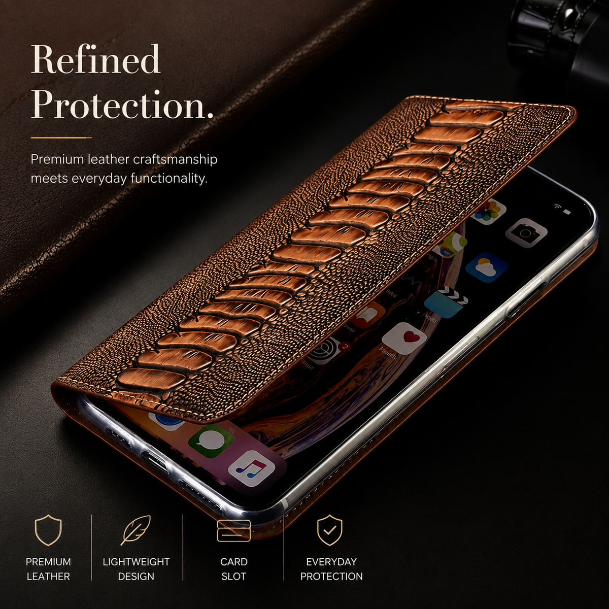 Premium iPhone Case Genuine Leather Wallet MagSafe Compatible Flip Cover Card Holder Magnetic Closure Shockproof Camera Protection Slim Elegant Design