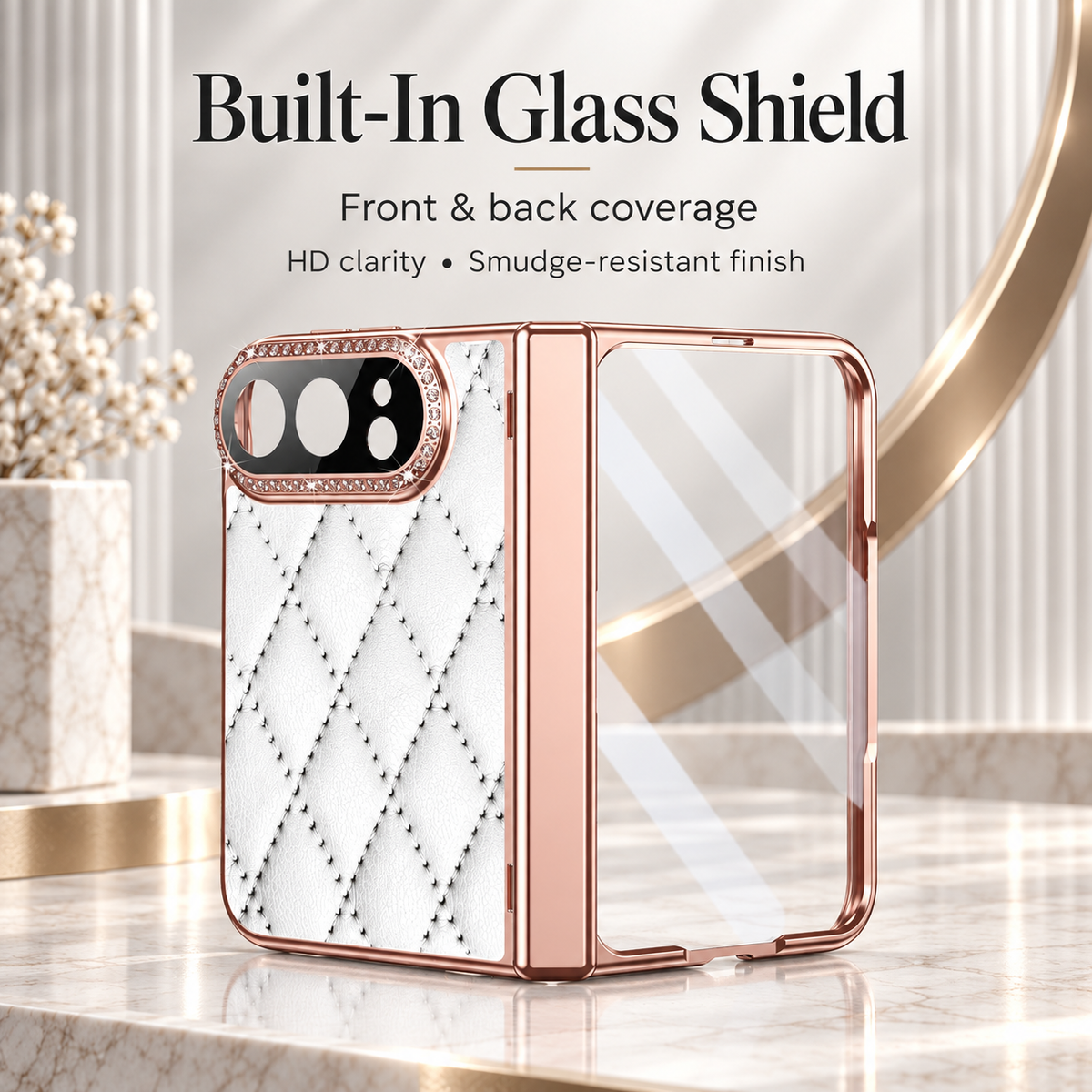 Premium iPhone Case Golden Glitter Diamond Leather Hinge Protection Foldable Cover Glass Screen Protector Shockproof Slim Luxury Protective Phone Cover Case