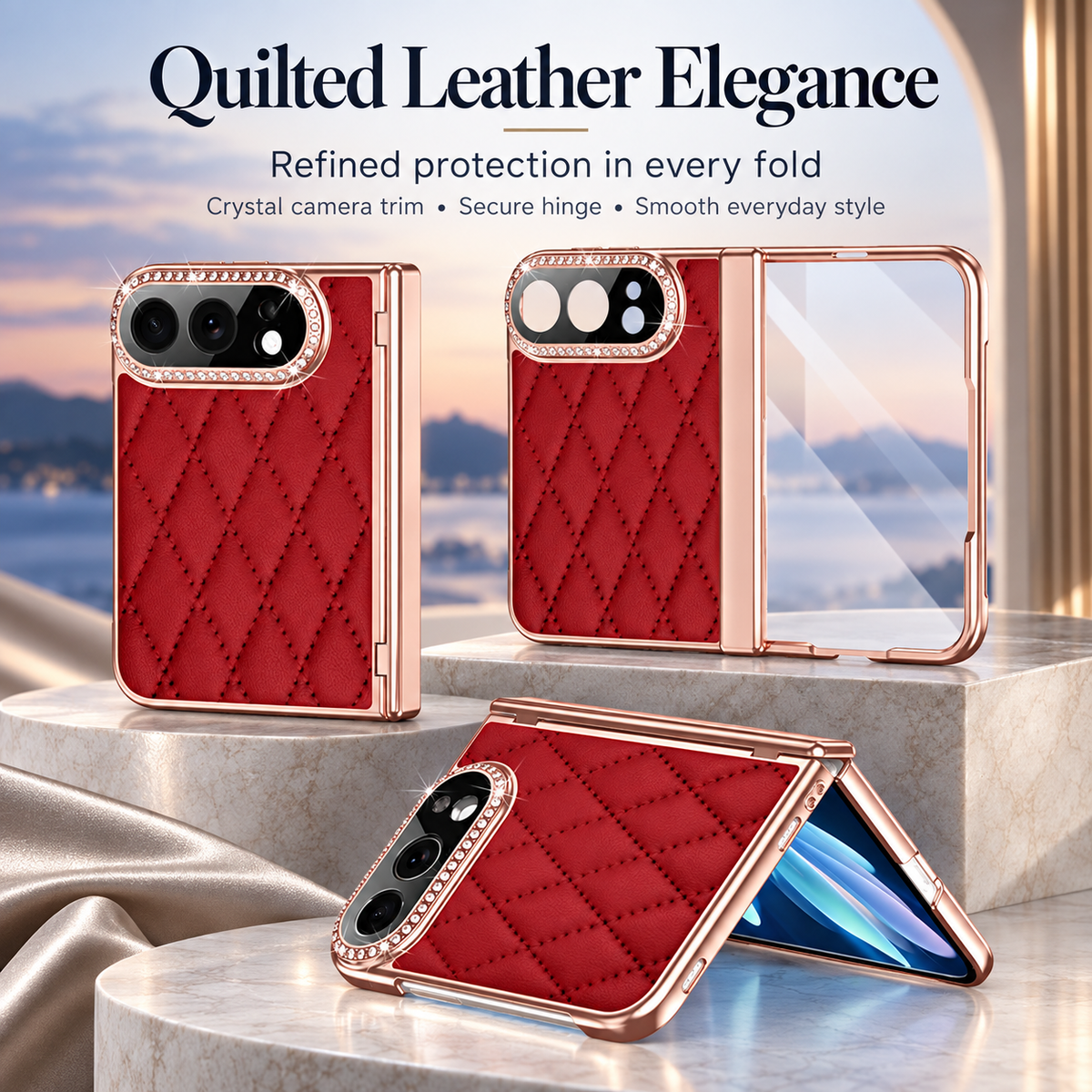 Premium iPhone Case Golden Glitter Diamond Leather Hinge Protection Foldable Cover Glass Screen Protector Shockproof Slim Luxury Protective Phone Cover Case