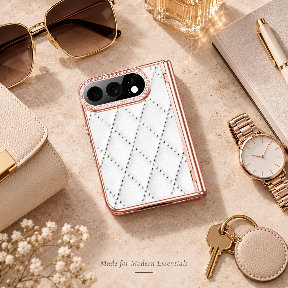 Premium iPhone Case Golden Glitter Diamond Leather Hinge Protection Foldable Cover Glass Screen Protector Shockproof Slim Luxury Protective Phone Cover Case