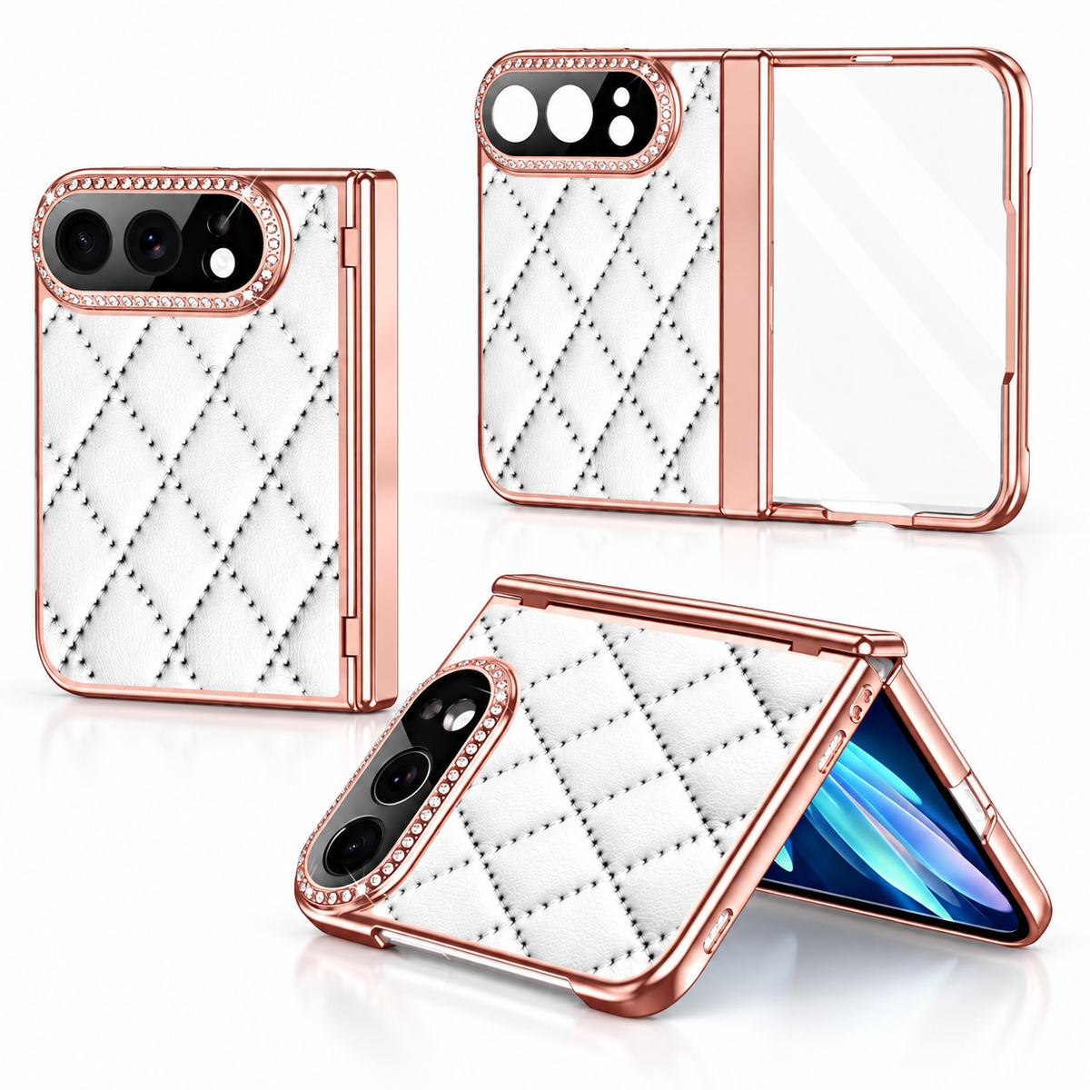 Premium iPhone Case Golden Glitter Diamond Leather Hinge Protection Foldable Cover Glass Screen Protector Shockproof Slim Luxury Protective Phone Cover Case