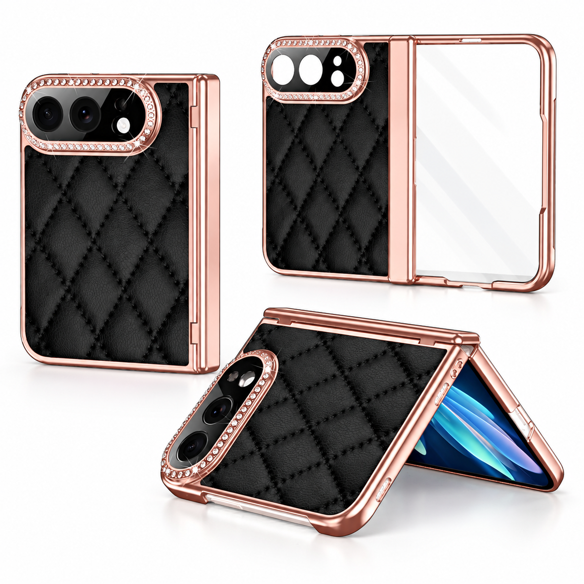 Premium iPhone Case Golden Glitter Diamond Leather Hinge Protection Foldable Cover Glass Screen Protector Shockproof Slim Luxury Protective Phone Cover Case