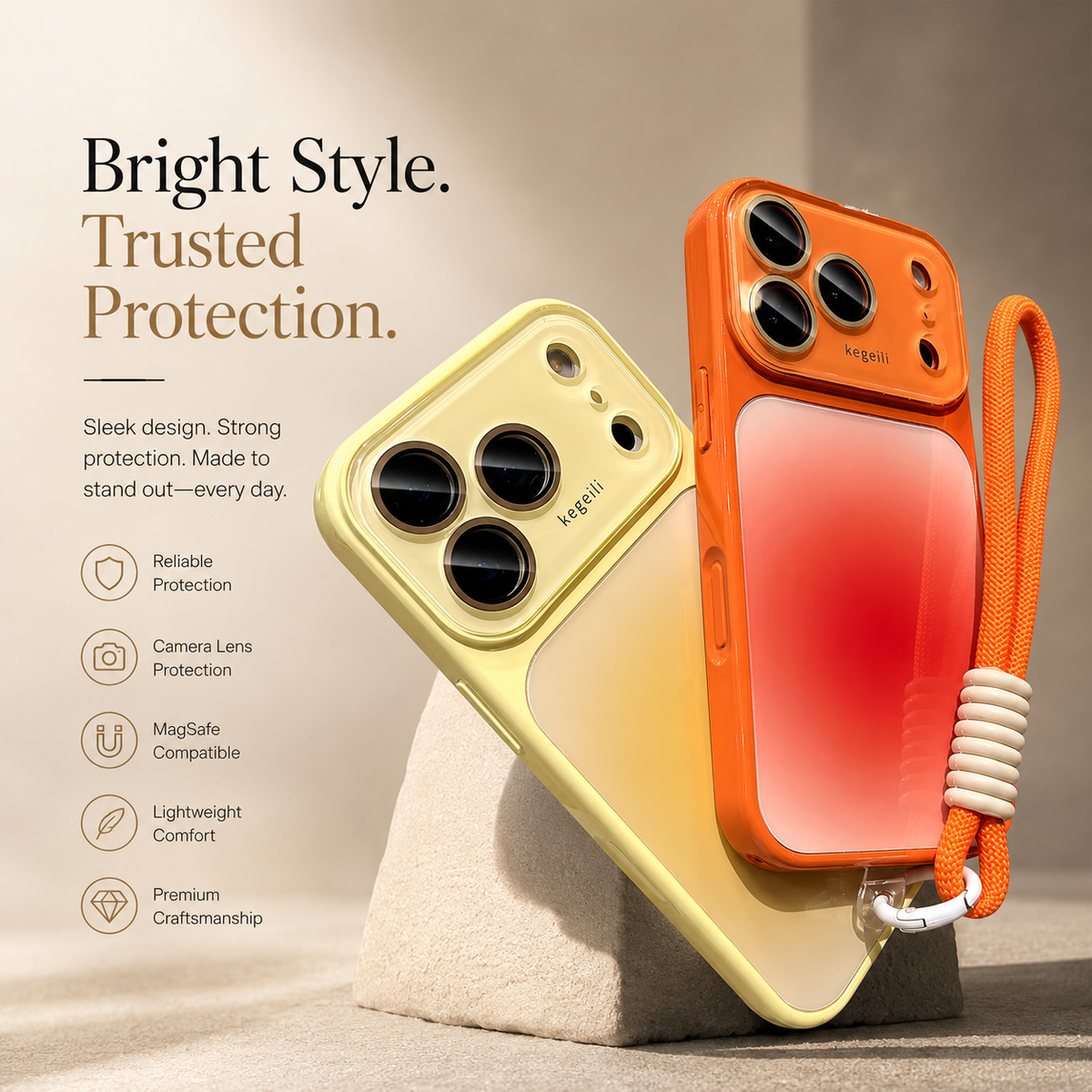 Premium iPhone Case Gradient Glossy Shockproof PC TPU Protective Cover Full Camera Protection Lanyard Anti Scratch Non Slip Lightweight Dual Layer Bumper