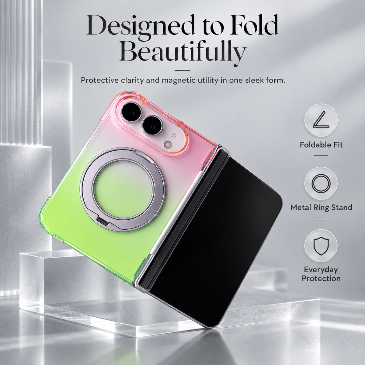 Premium iPhone Case Gradient Magnetic Rotating Folding Stand Foldable Cover Hinge Protection Shockproof Anti Drop Durable Slim Protective Phone Cover Case