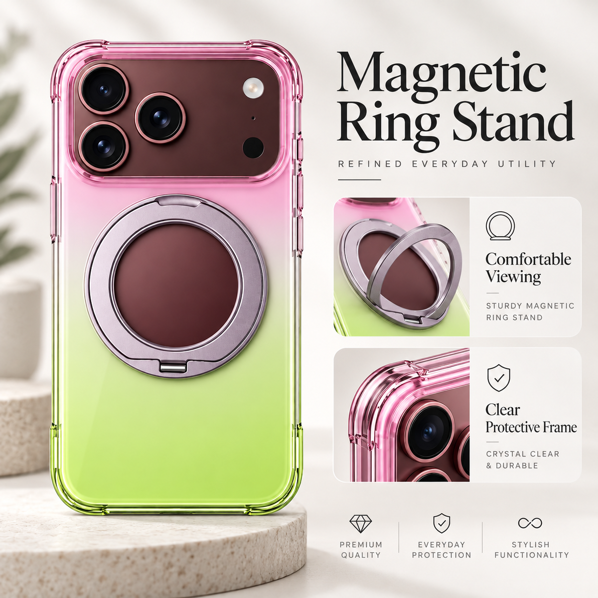 Premium iPhone Case Gradient Magnetic Rotating Folding Stand Foldable Cover Hinge Protection Shockproof Anti Drop Durable Slim Protective Phone Cover Case
