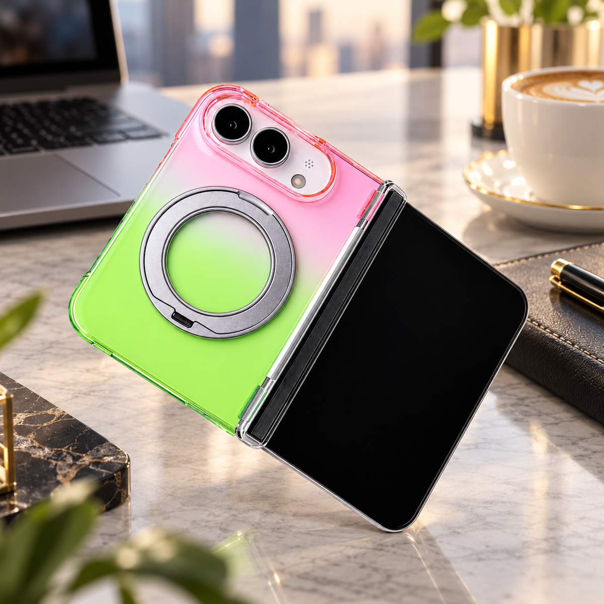 Premium iPhone Case Gradient Magnetic Rotating Folding Stand Foldable Cover Hinge Protection Shockproof Anti Drop Durable Slim Protective Phone Cover Case