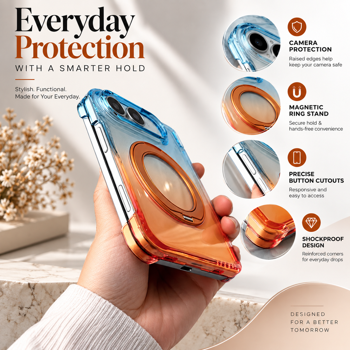 Premium iPhone Case Gradient Magnetic Rotating Folding Stand Hinge Shockproof Slim Durable Anti Drop Protective Tough Stylish Phone Cover Case with Grip