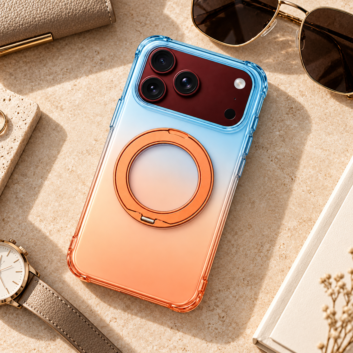 Premium iPhone Case Gradient Magnetic Rotating Folding Stand Hinge Shockproof Slim Durable Anti Drop Protective Tough Stylish Phone Cover Case with Grip