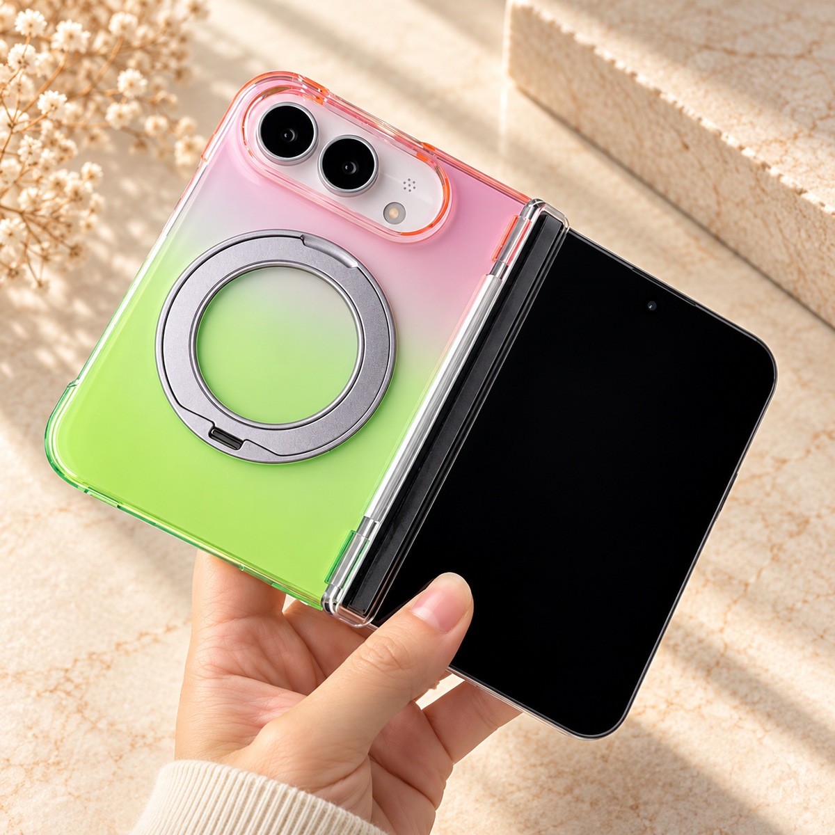 Premium iPhone Case Gradient Magnetic Rotating Folding Stand Hinge Shockproof Slim Durable Anti Drop Protective Tough Stylish Phone Cover Case with Grip
