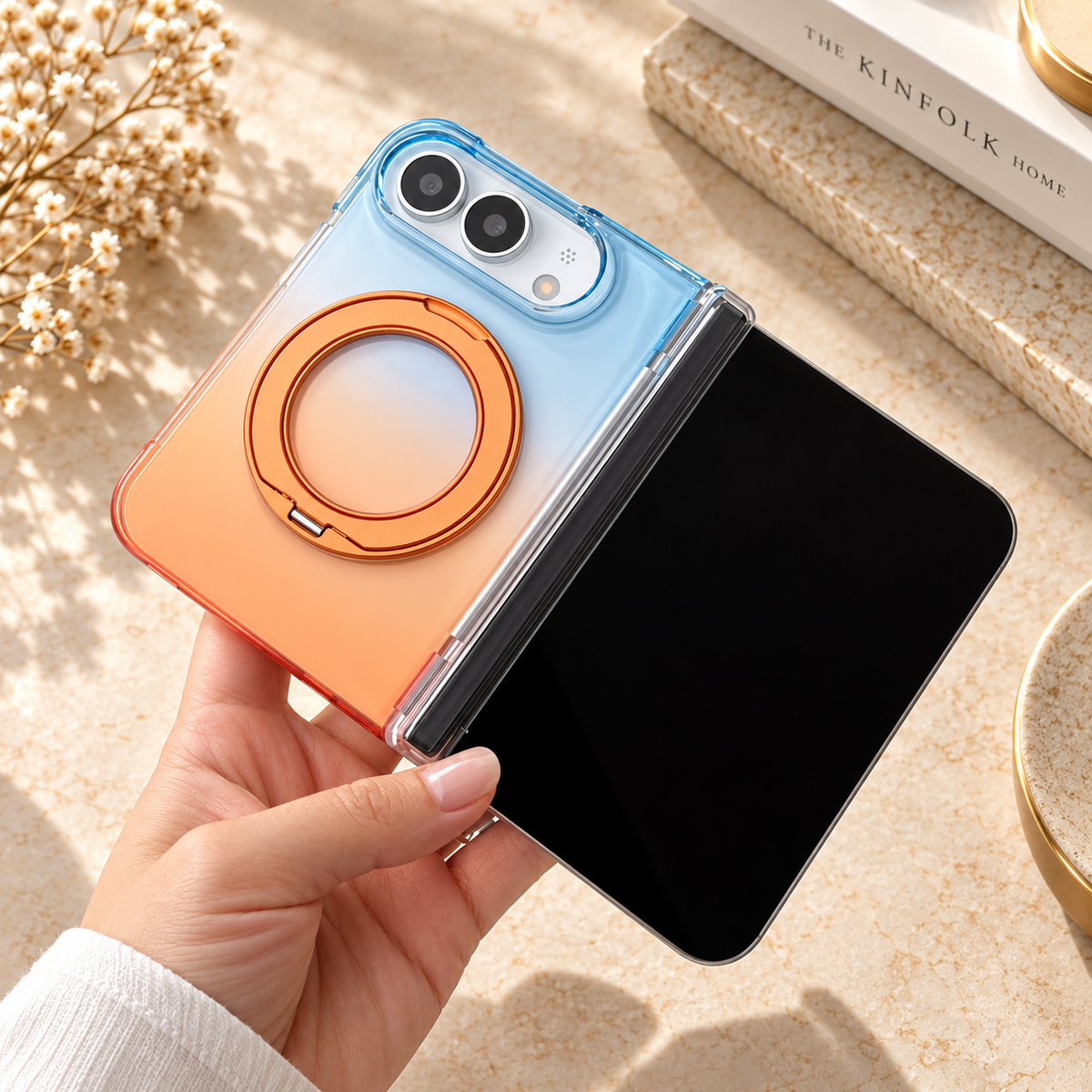 Premium iPhone Case Gradient Magnetic Rotating Folding Stand Hinge Shockproof Slim Durable Anti Drop Protective Tough Stylish Phone Cover Case with Grip