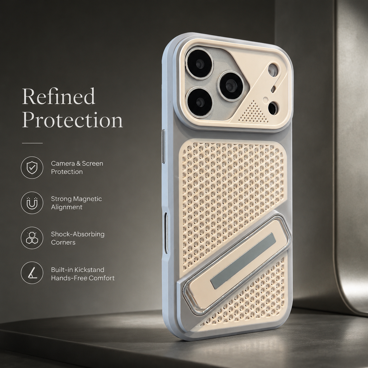 Premium iPhone Case Heat Dissipation Shockproof Acrylic Protective Cover Built In Holder Kickstand Non Slip Slim Lightweight Cooling Bumper Hard Back Case