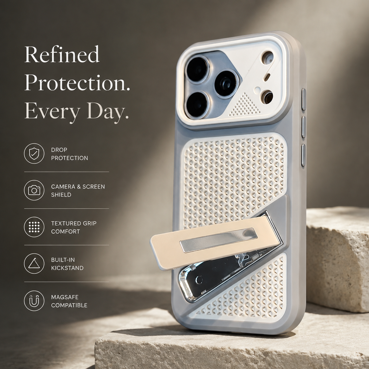 Premium iPhone Case Heat Dissipation Shockproof Acrylic Protective Cover Built In Holder Kickstand Non Slip Slim Lightweight Cooling Bumper Hard Back Case
