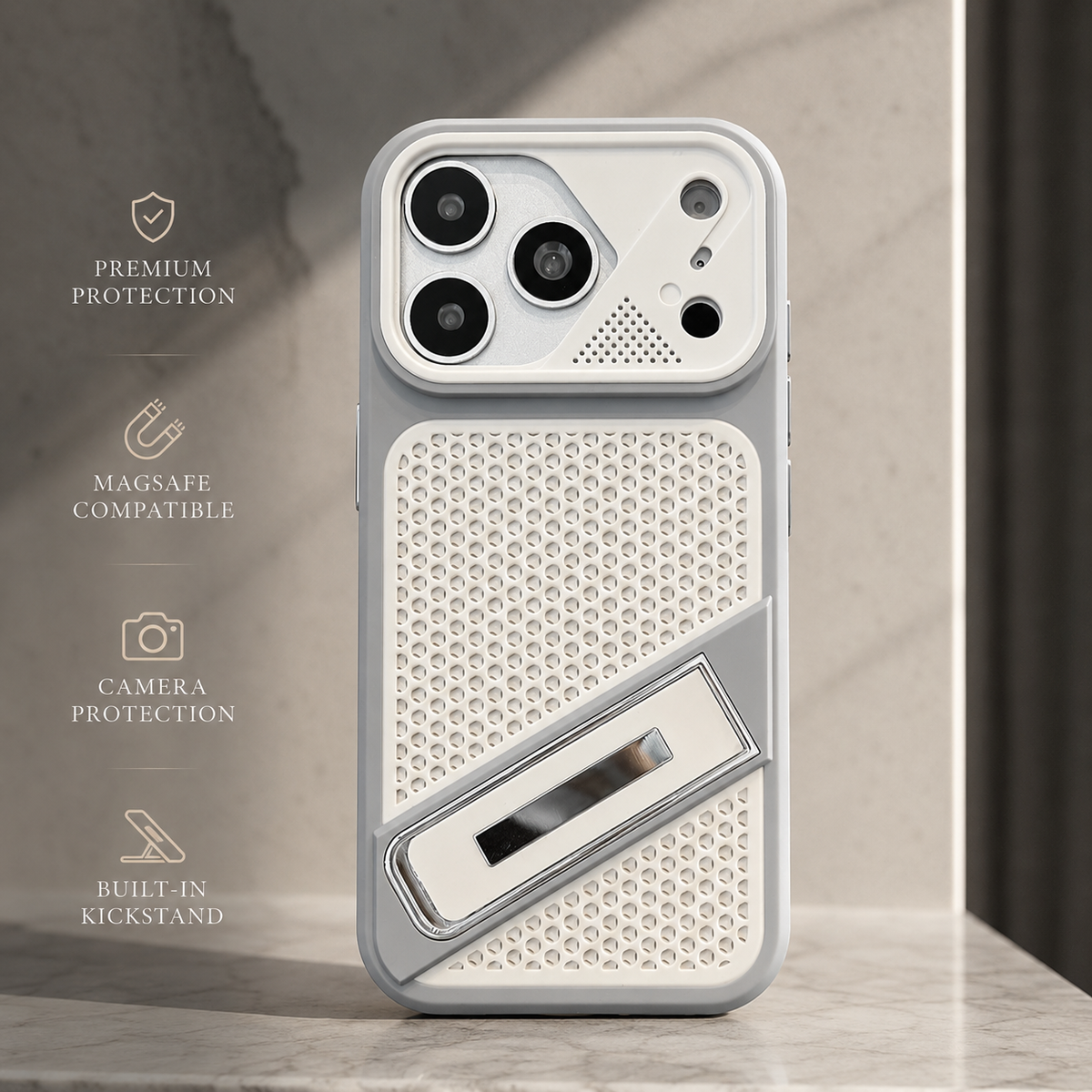 Premium iPhone Case Heat Dissipation Shockproof Acrylic Protective Cover Built In Holder Kickstand Non Slip Slim Lightweight Cooling Bumper Hard Back Case