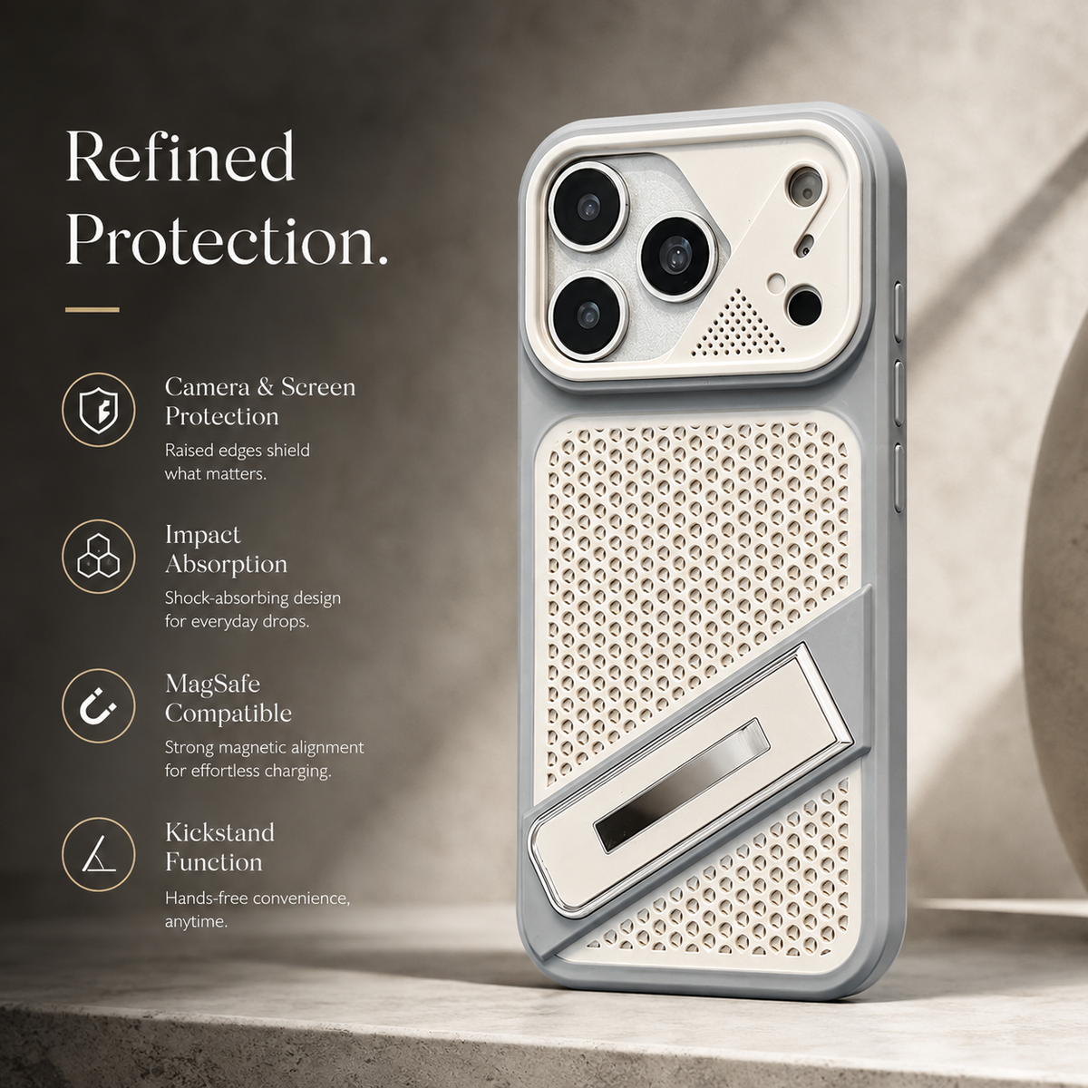 Premium iPhone Case Heat Dissipation Shockproof Acrylic Protective Cover Built In Holder Kickstand Non Slip Slim Lightweight Cooling Bumper Hard Back Case