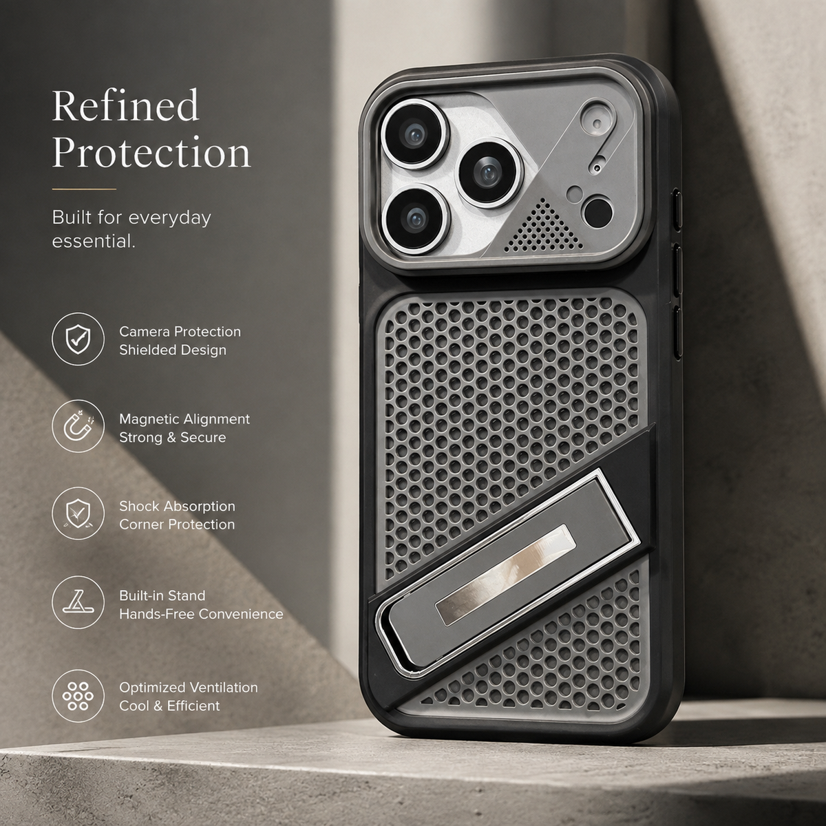 Premium iPhone Case Heat Dissipation Shockproof Acrylic Protective Cover Built In Holder Kickstand Non Slip Slim Lightweight Cooling Bumper Hard Back Case