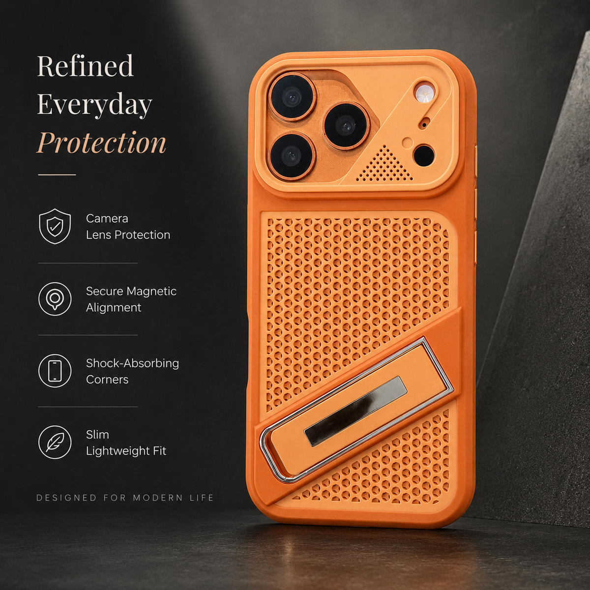 Premium iPhone Case Heat Dissipation Shockproof Acrylic Protective Cover Built In Holder Kickstand Non Slip Slim Lightweight Cooling Bumper Hard Back Case