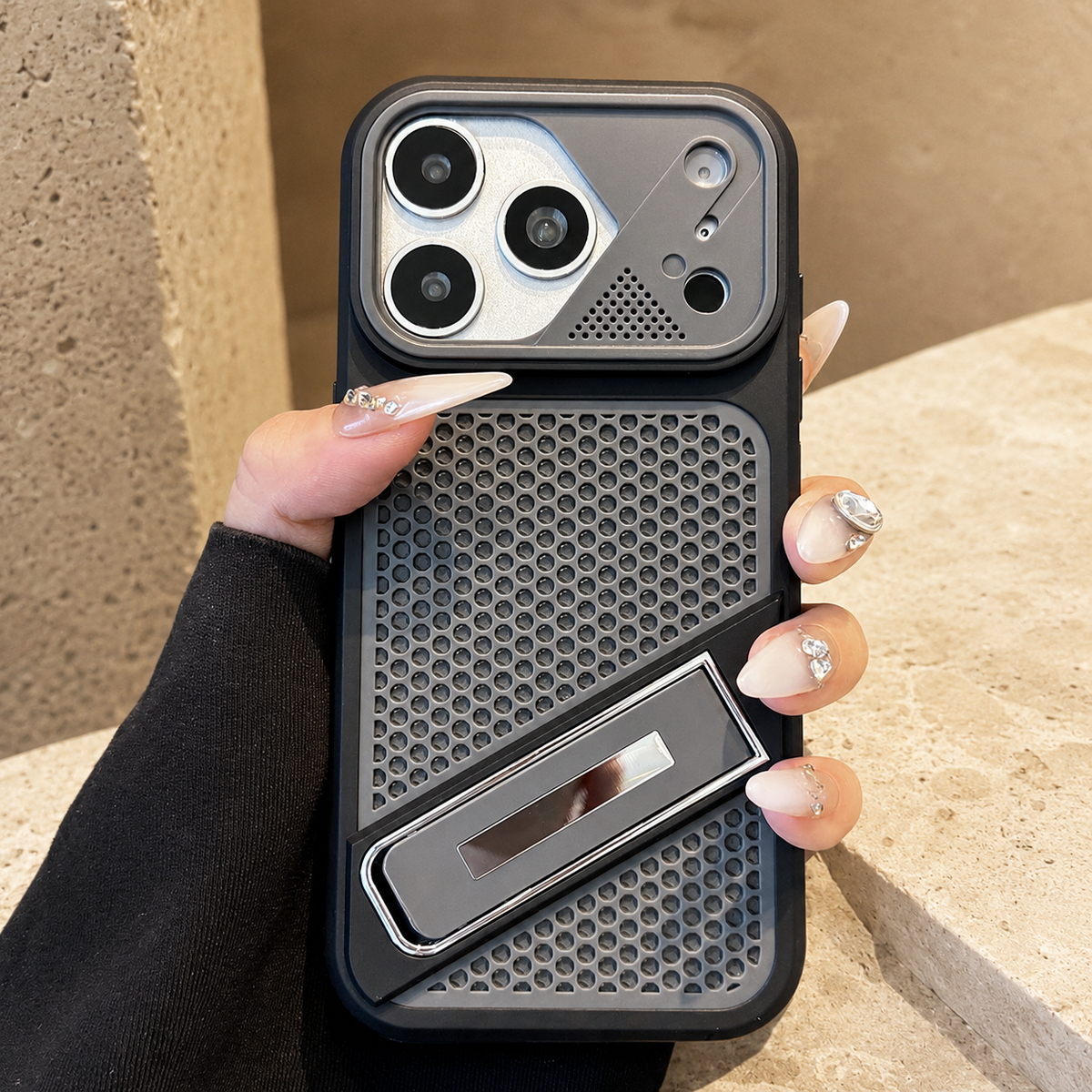 Premium iPhone Case Heat Dissipation Shockproof Acrylic Protective Cover Built In Holder Kickstand Non Slip Slim Lightweight Cooling Bumper Hard Back Case