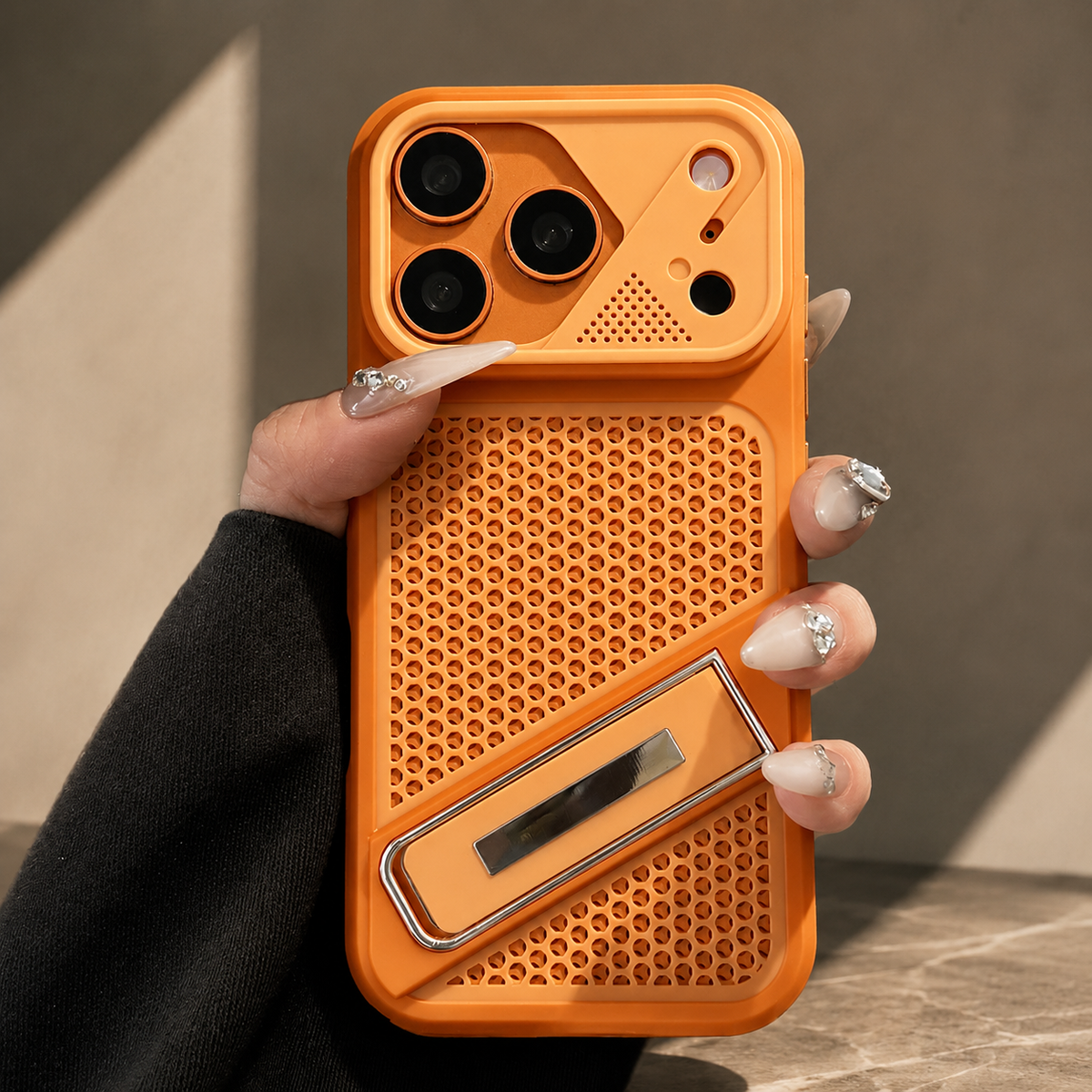 Premium iPhone Case Heat Dissipation Shockproof Acrylic Protective Cover Built In Holder Kickstand Non Slip Slim Lightweight Cooling Bumper Hard Back Case