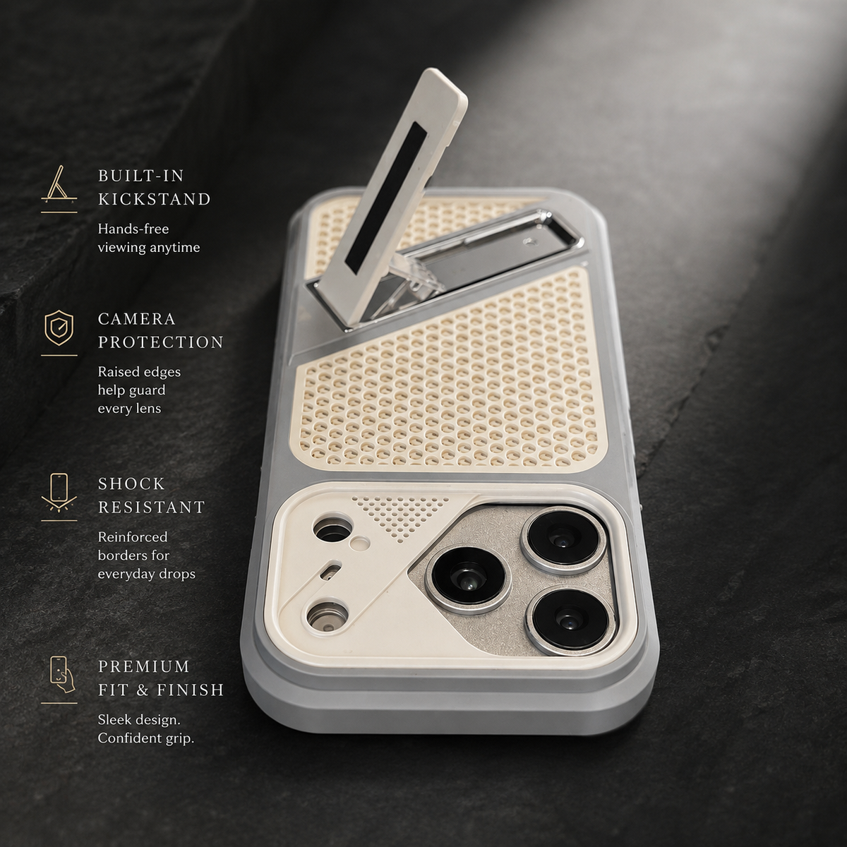Premium iPhone Case Heat Dissipation Shockproof Acrylic Protective Cover Built In Holder Kickstand Non Slip Slim Lightweight Cooling Bumper Hard Back Case