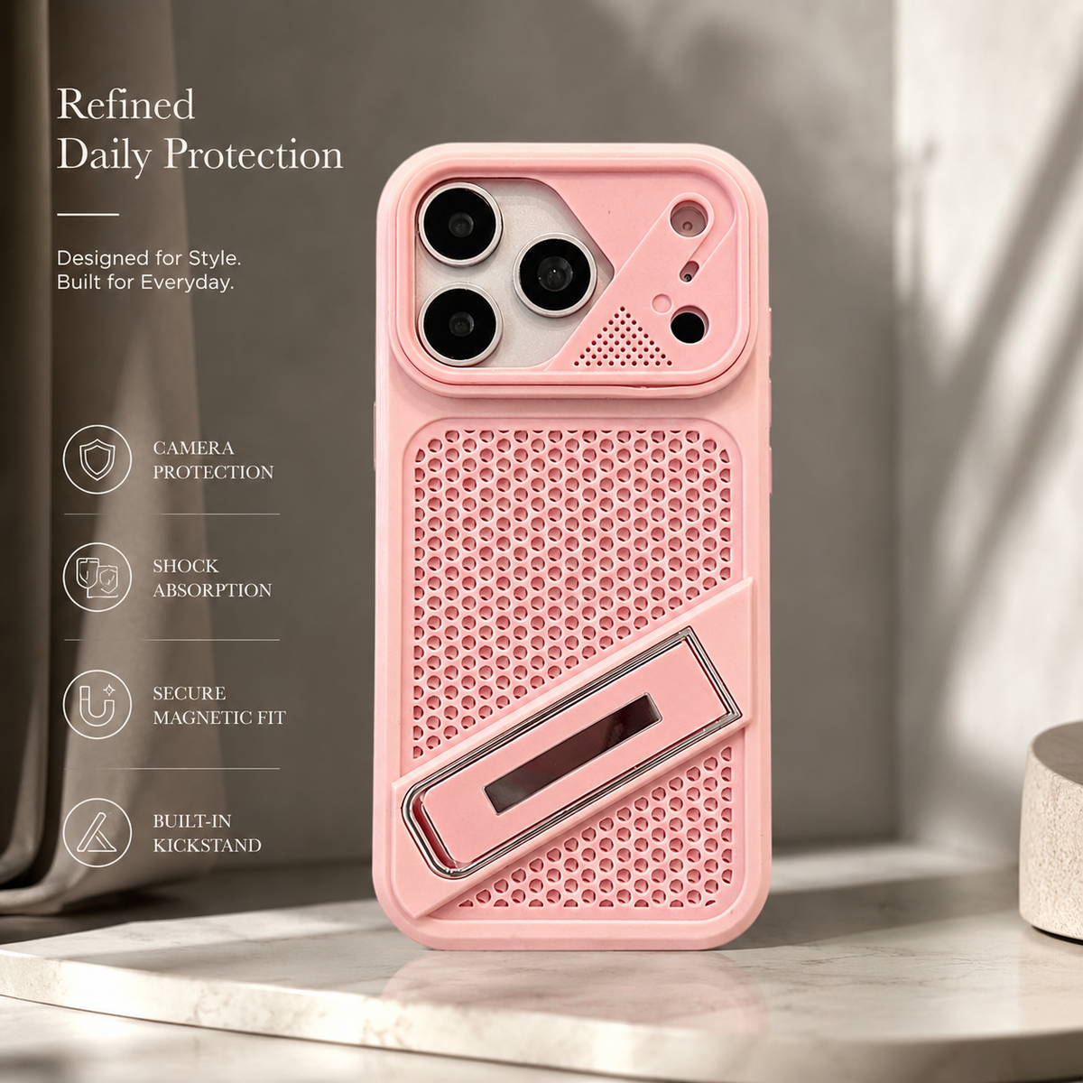 Premium iPhone Case Heat Dissipation Shockproof Acrylic Protective Cover Built In Holder Kickstand Non Slip Slim Lightweight Cooling Bumper Hard Back Case