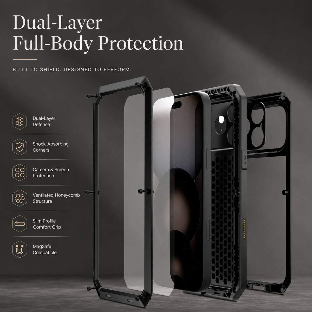 Premium iPhone Case Heavy Duty Aluminum Armor 360 Full Body Shockproof Protective Cover Anti Scratch Anti Fingerprint Non Slip Reinforced Rugged Case
