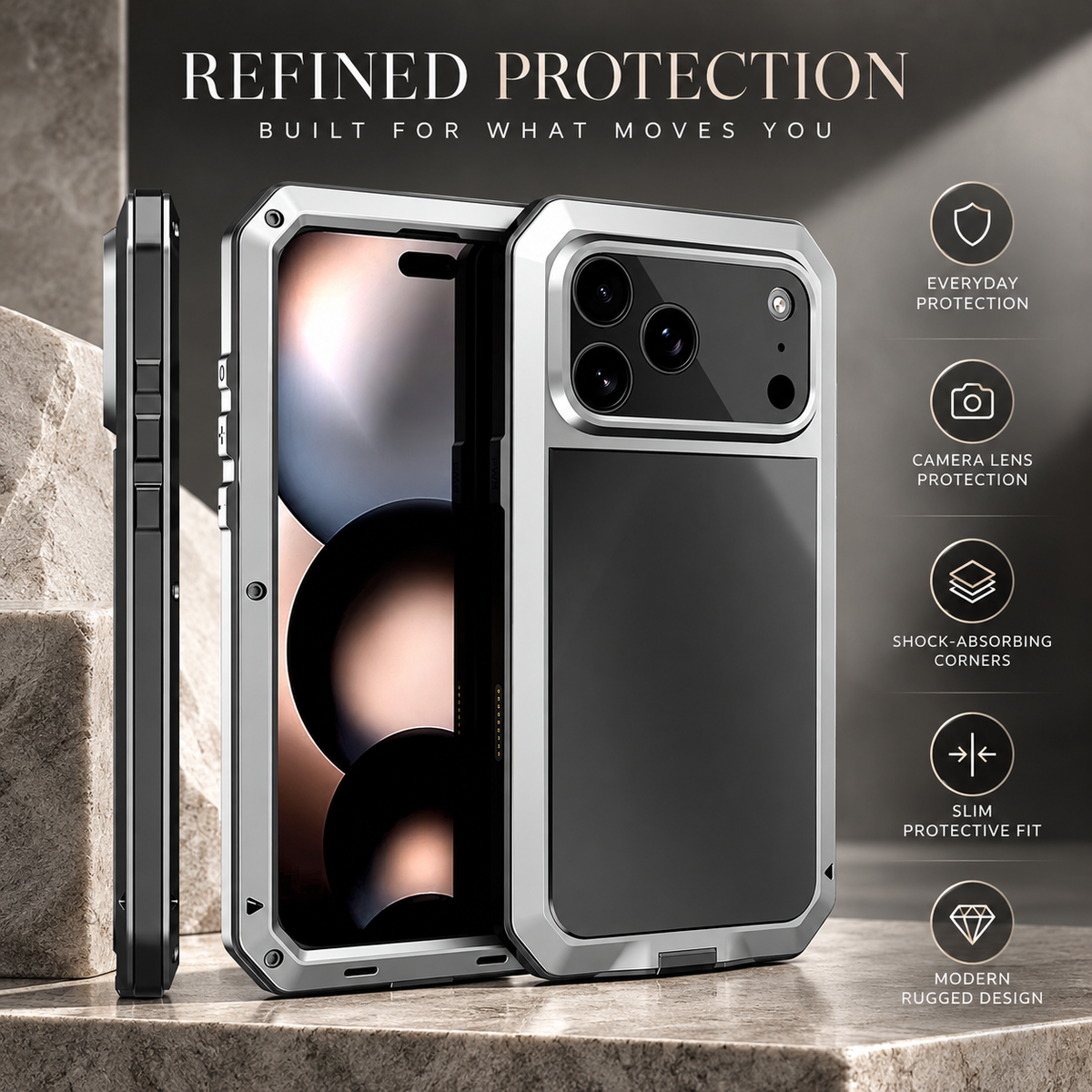 Premium iPhone Case Heavy Duty Aluminum Armor 360 Full Body Shockproof Protective Cover Anti Scratch Anti Fingerprint Non Slip Reinforced Rugged Case