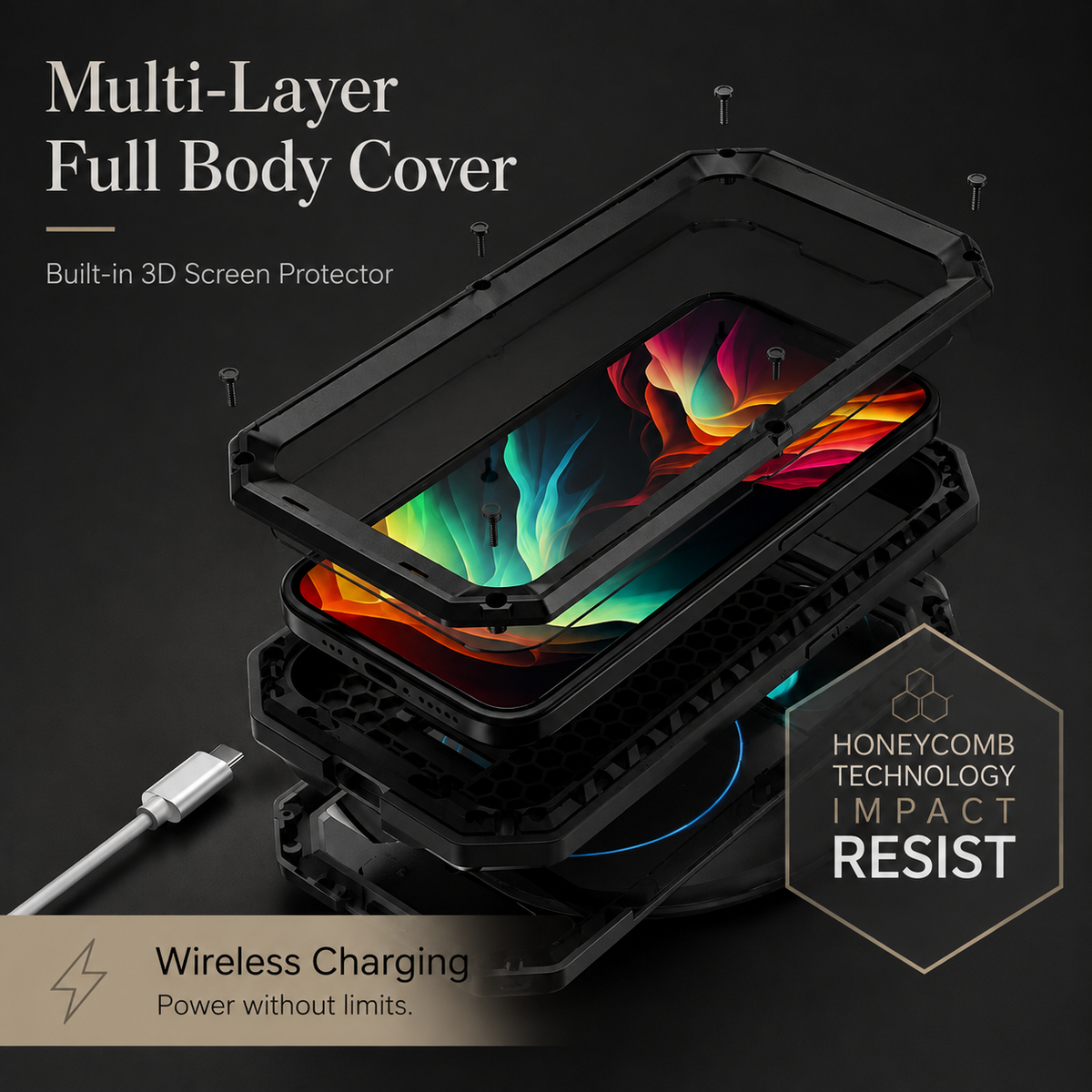 Premium iPhone Case Heavy Duty Aluminum Metal Full Body Cover Tempered Glass Lens Slider Shockproof Dual Layer Kickstand Wireless Charging