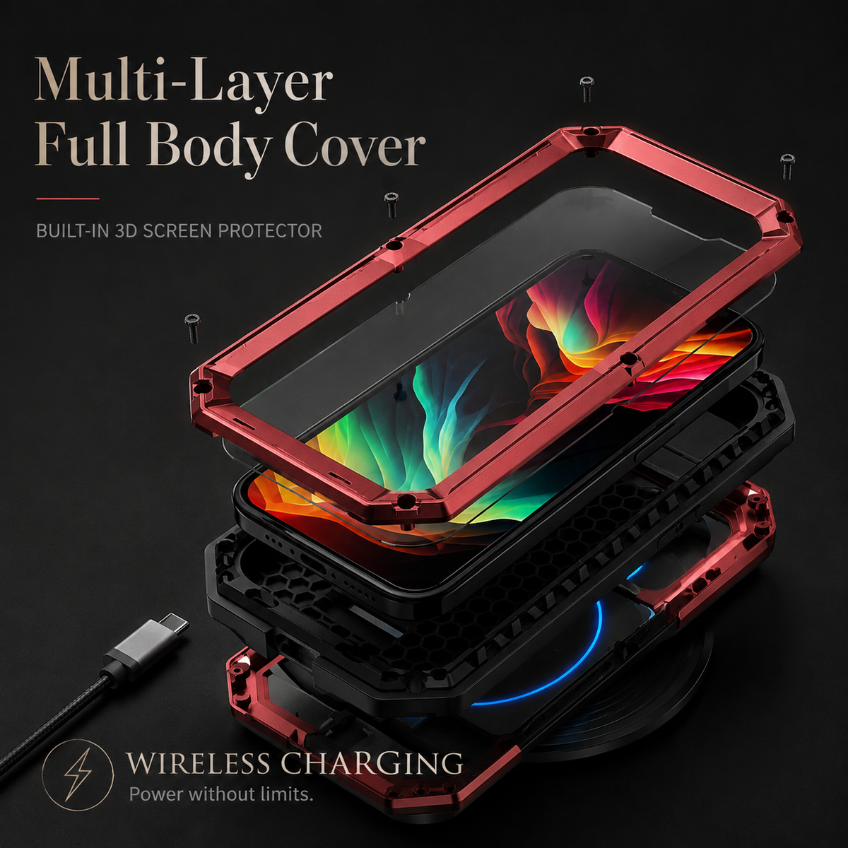 Premium iPhone Case Heavy Duty Aluminum Metal Full Body Cover Tempered Glass Lens Slider Shockproof Dual Layer Kickstand Wireless Charging