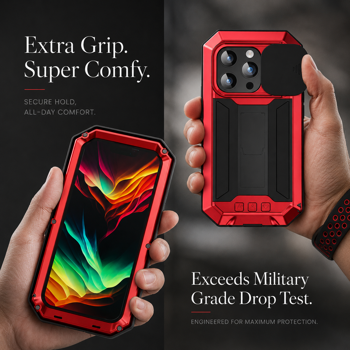 Premium iPhone Case Heavy Duty Aluminum Metal Full Body Cover Tempered Glass Lens Slider Shockproof Dual Layer Kickstand Wireless Charging