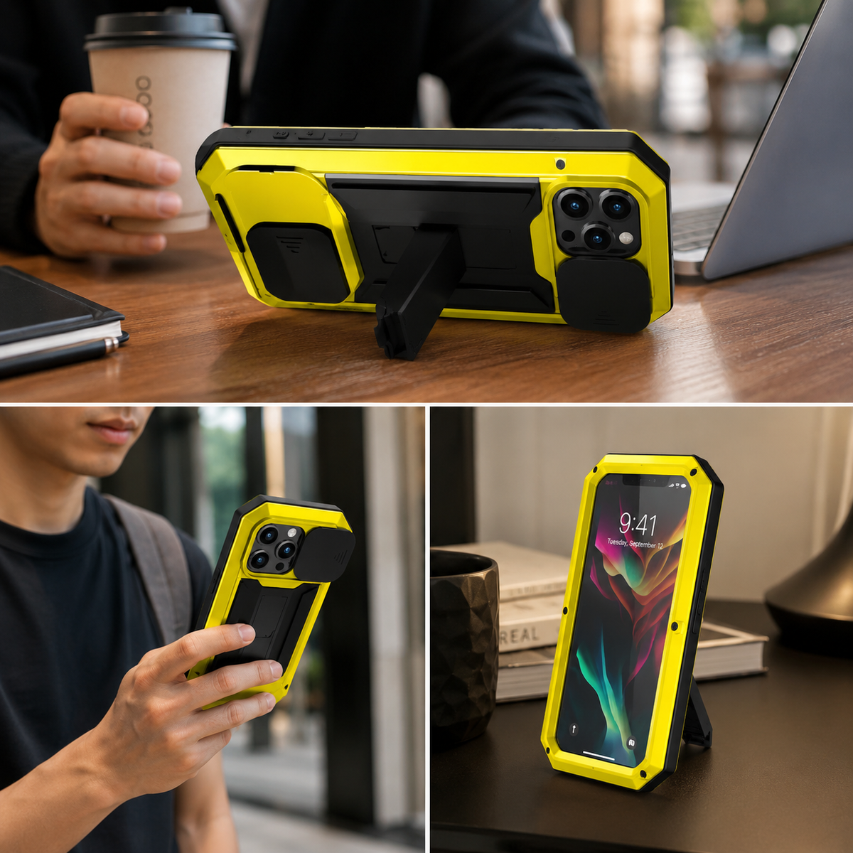 Premium iPhone Case Heavy Duty Aluminum Metal Full Body Cover Tempered Glass Lens Slider Shockproof Dual Layer Kickstand Wireless Charging
