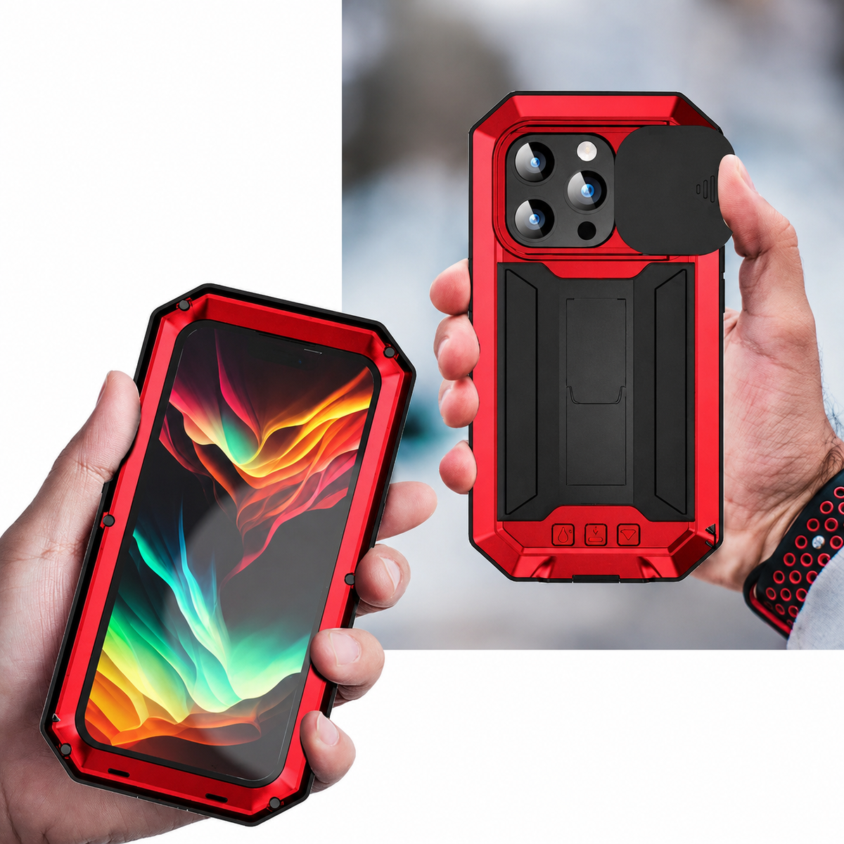 Premium iPhone Case Heavy Duty Aluminum Metal Full Body Cover Tempered Glass Lens Slider Shockproof Dual Layer Kickstand Wireless Charging