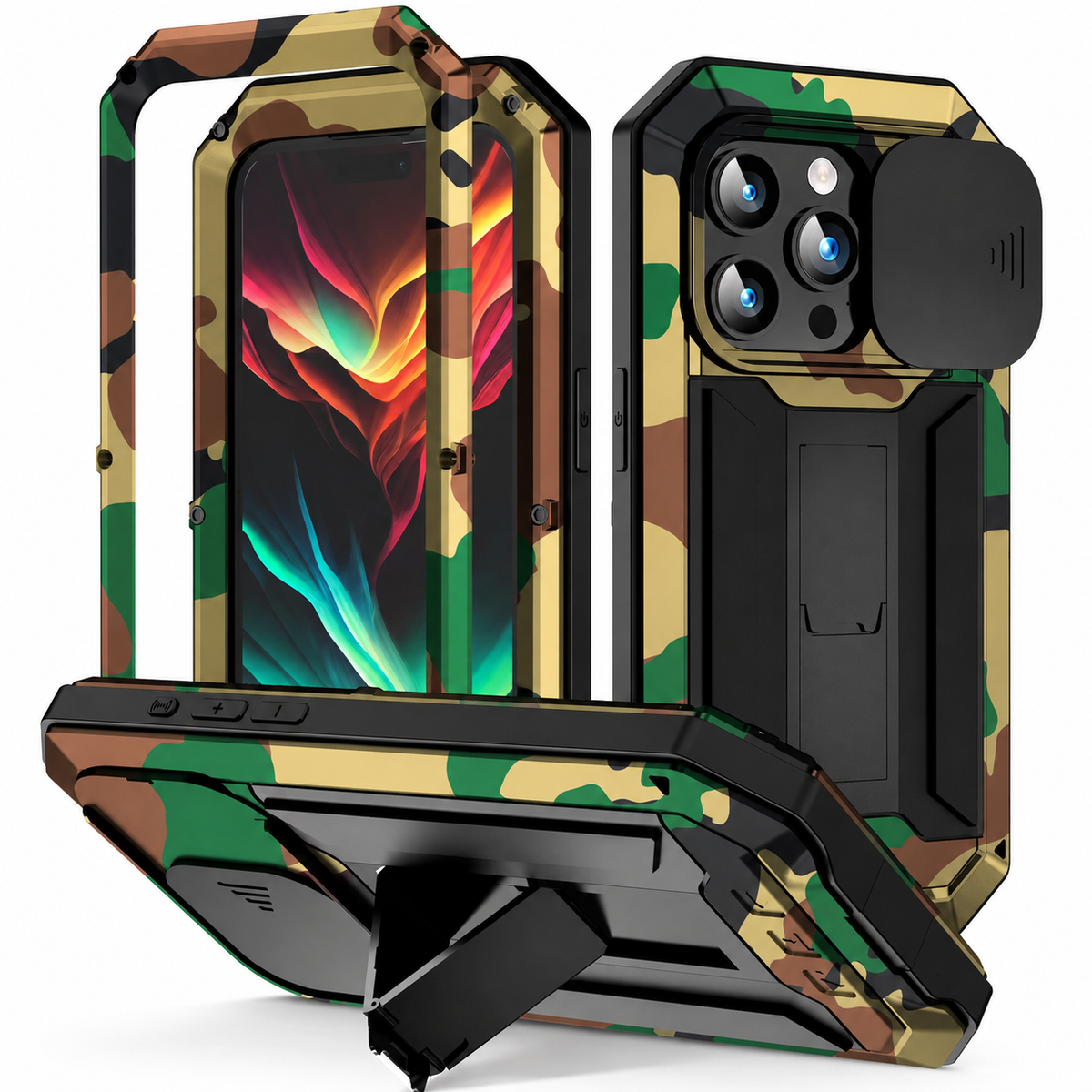 Premium iPhone Case Heavy Duty Aluminum Metal Full Body Cover Tempered Glass Lens Slider Shockproof Dual Layer Kickstand Wireless Charging