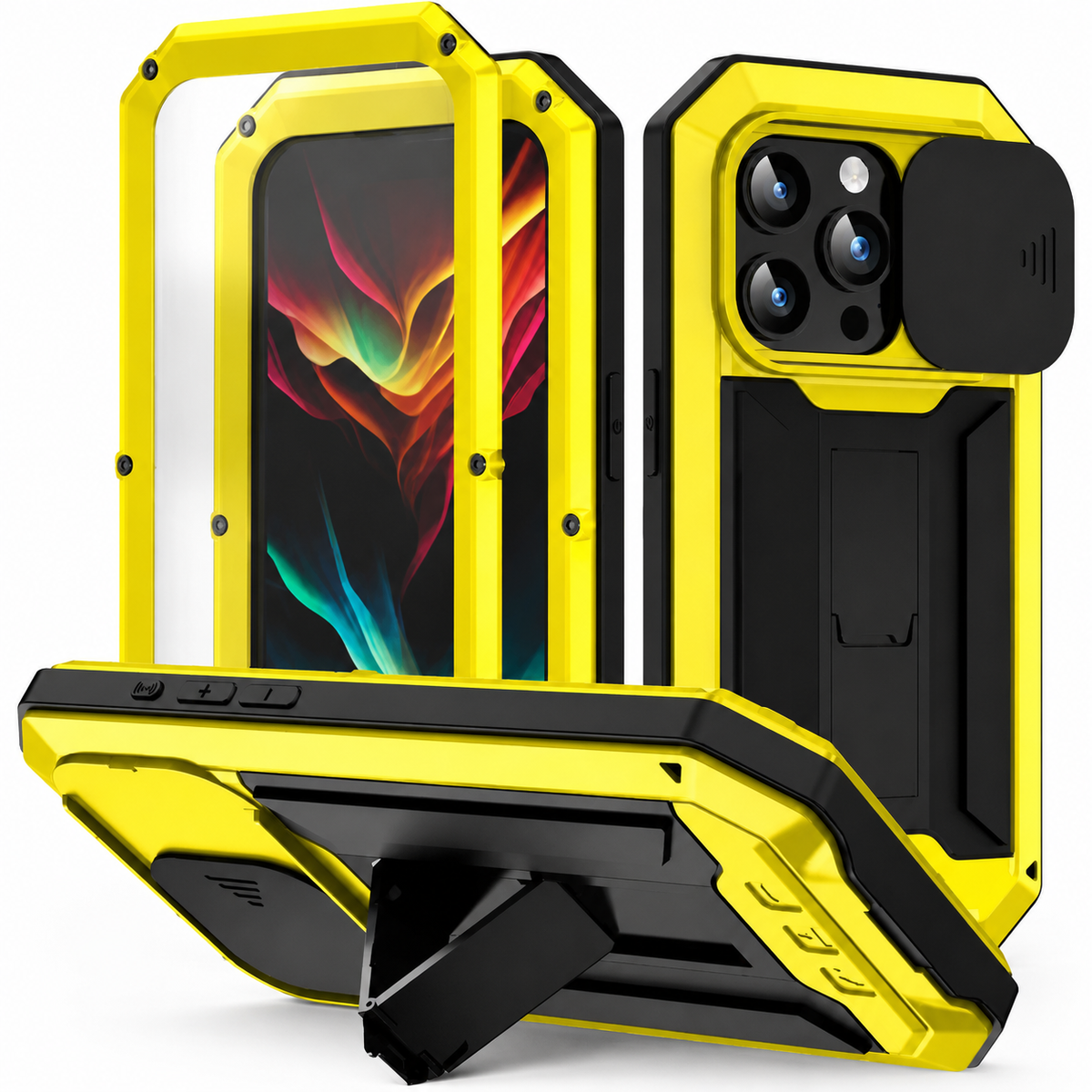 Premium iPhone Case Heavy Duty Aluminum Metal Full Body Cover Tempered Glass Lens Slider Shockproof Dual Layer Kickstand Wireless Charging