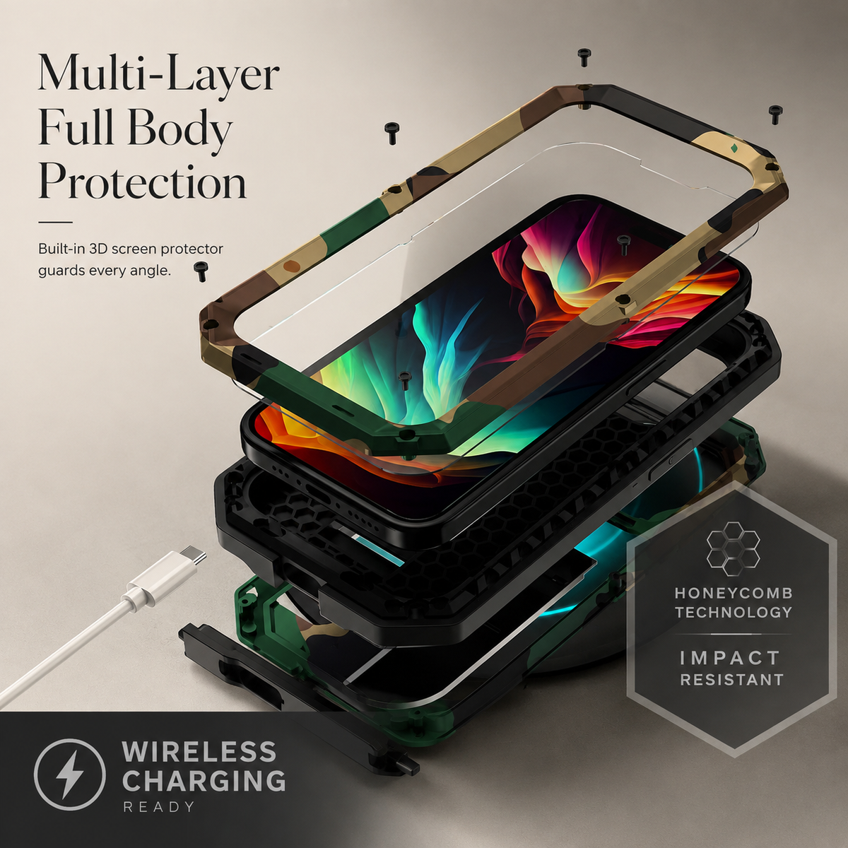 Premium iPhone Case Heavy Duty Aluminum Metal Full Body Cover Tempered Glass Lens Slider Shockproof Dual Layer Kickstand Wireless Charging