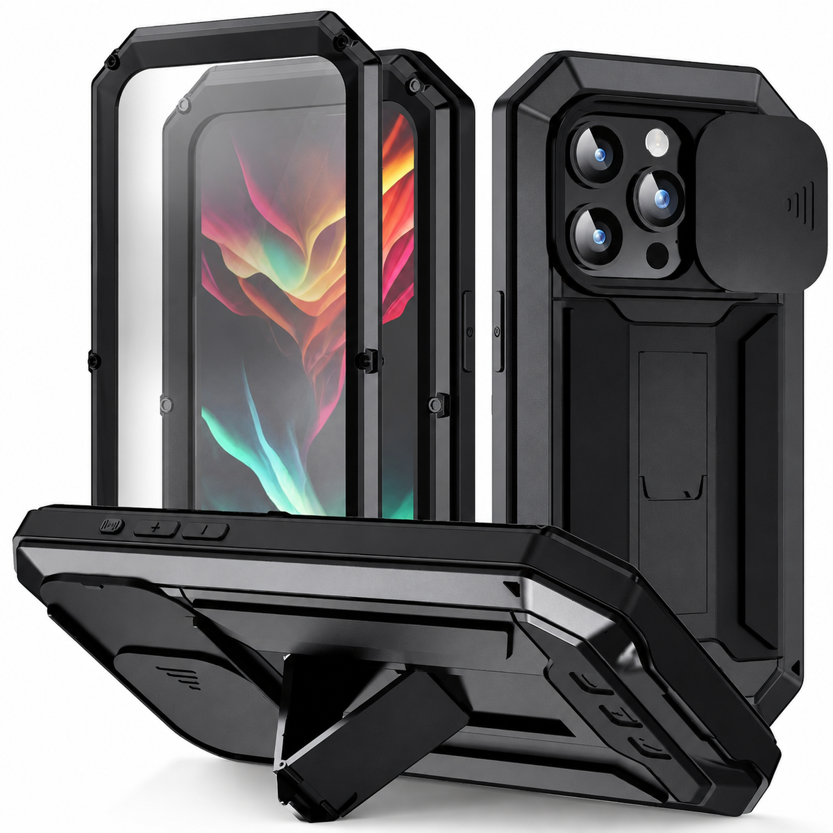 Premium iPhone Case Heavy Duty Aluminum Metal Full Body Cover Tempered Glass Lens Slider Shockproof Dual Layer Kickstand Wireless Charging