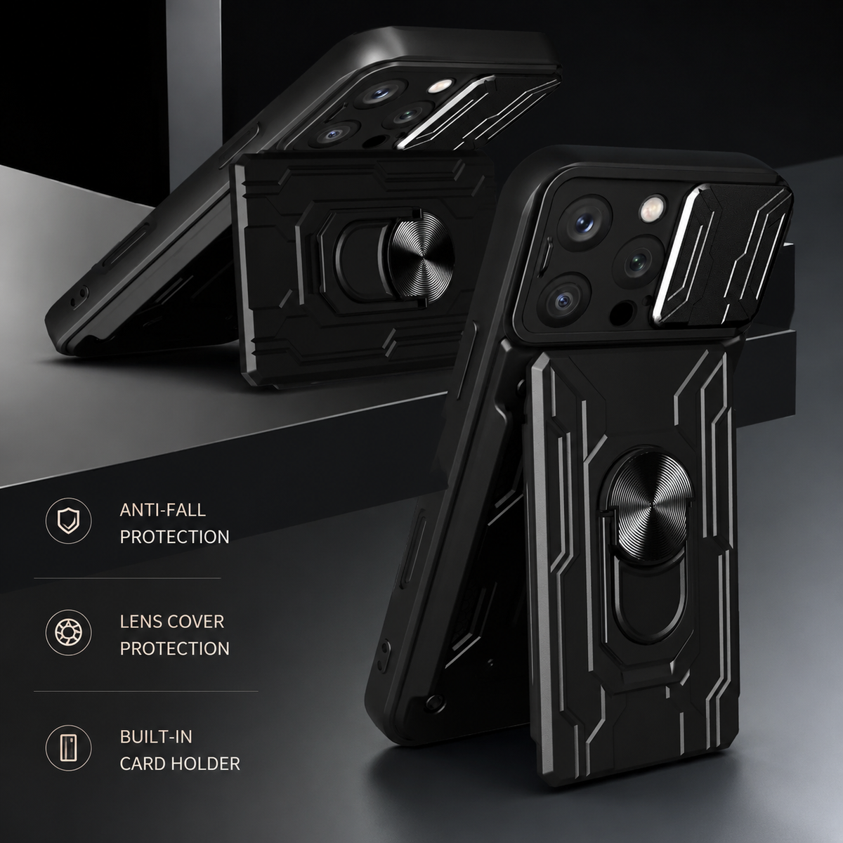 Premium iPhone Case Heavy Duty Card Pocket Dual Layer Shockproof Armor 360° Ring Stand Magnetic Mount Compatible Rugged Protective Cover for Daily Use