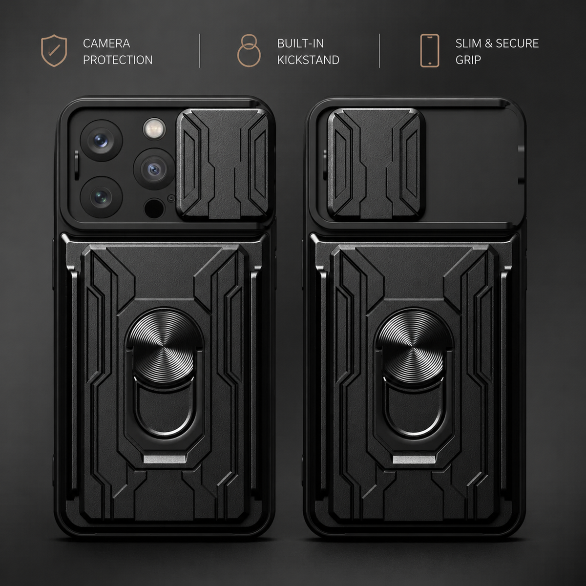 Premium iPhone Case Heavy Duty Card Pocket Dual Layer Shockproof Armor 360° Ring Stand Magnetic Mount Compatible Rugged Protective Cover for Daily Use