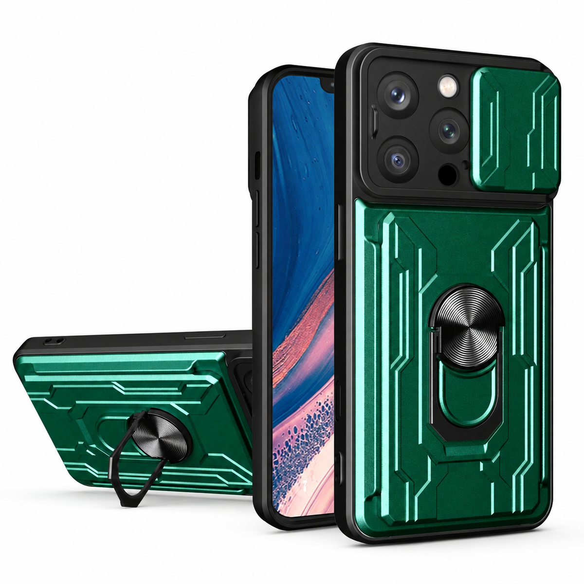 Premium iPhone Case Heavy Duty Card Pocket Dual Layer Shockproof Armor 360° Ring Stand Magnetic Mount Compatible Rugged Protective Cover for Daily Use