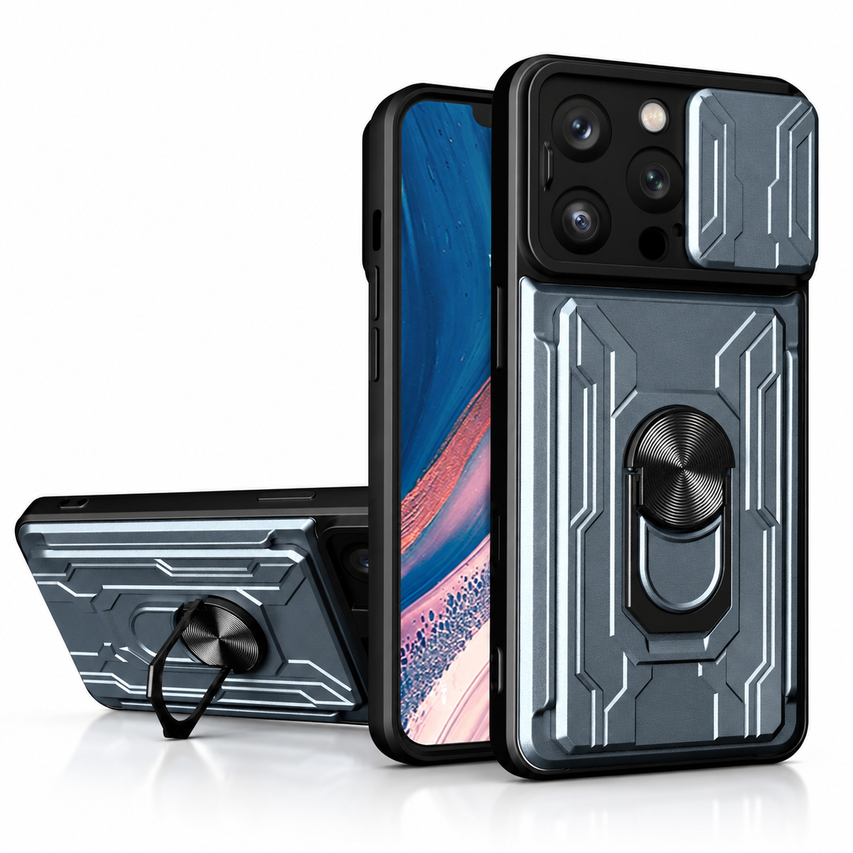 Premium iPhone Case Heavy Duty Card Pocket Dual Layer Shockproof Armor 360° Ring Stand Magnetic Mount Compatible Rugged Protective Cover for Daily Use