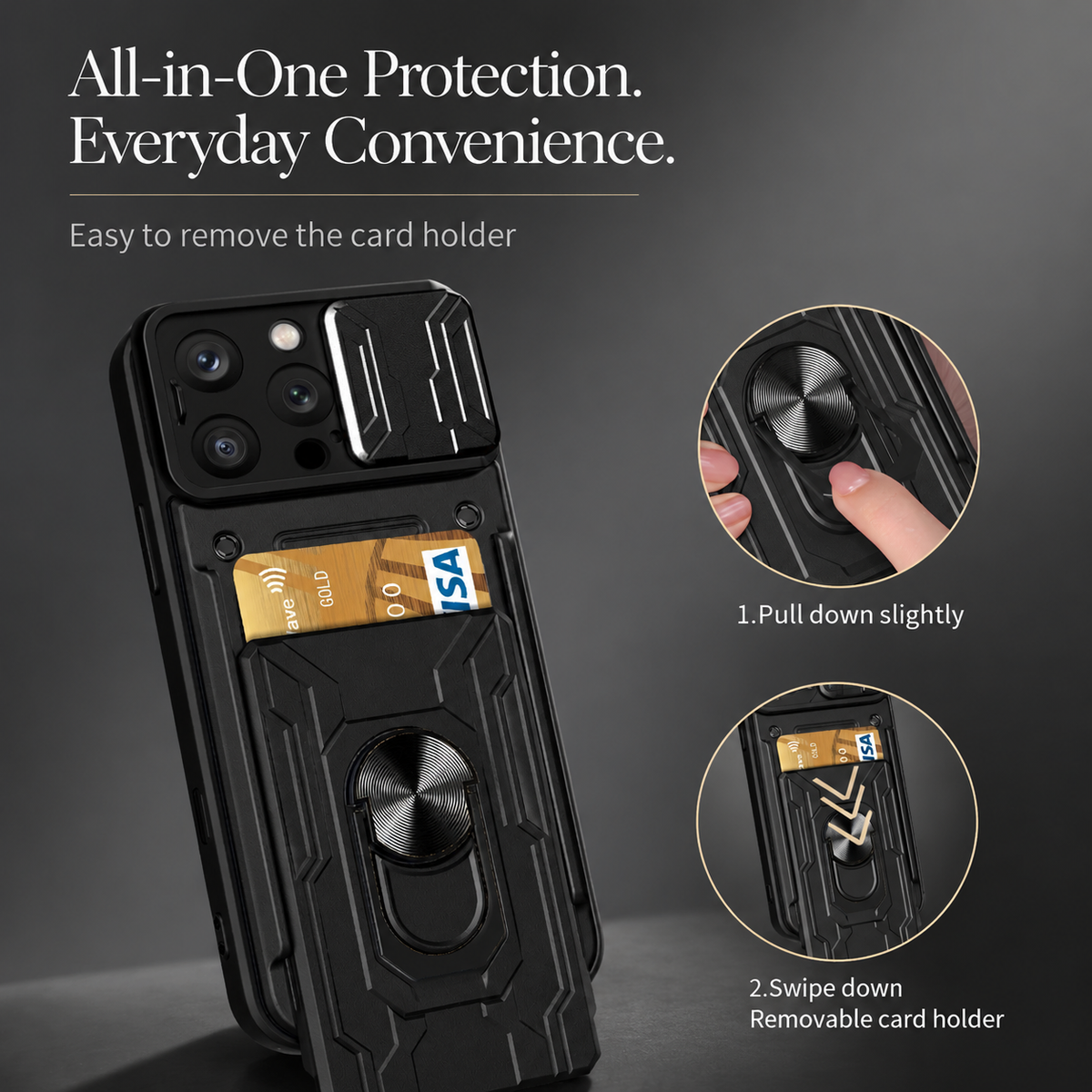 Premium iPhone Case Heavy Duty Card Pocket Dual Layer Shockproof Armor 360° Ring Stand Magnetic Mount Compatible Rugged Protective Cover for Daily Use
