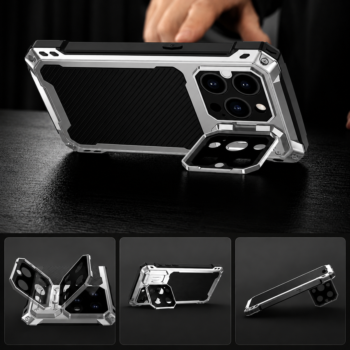 Premium iPhone Case Heavy Duty Metal MagSafe Cover Military Grade Shockproof Aluminum Bumper Camera Guard Kickstand 9H Screen Protection Rugged Design
