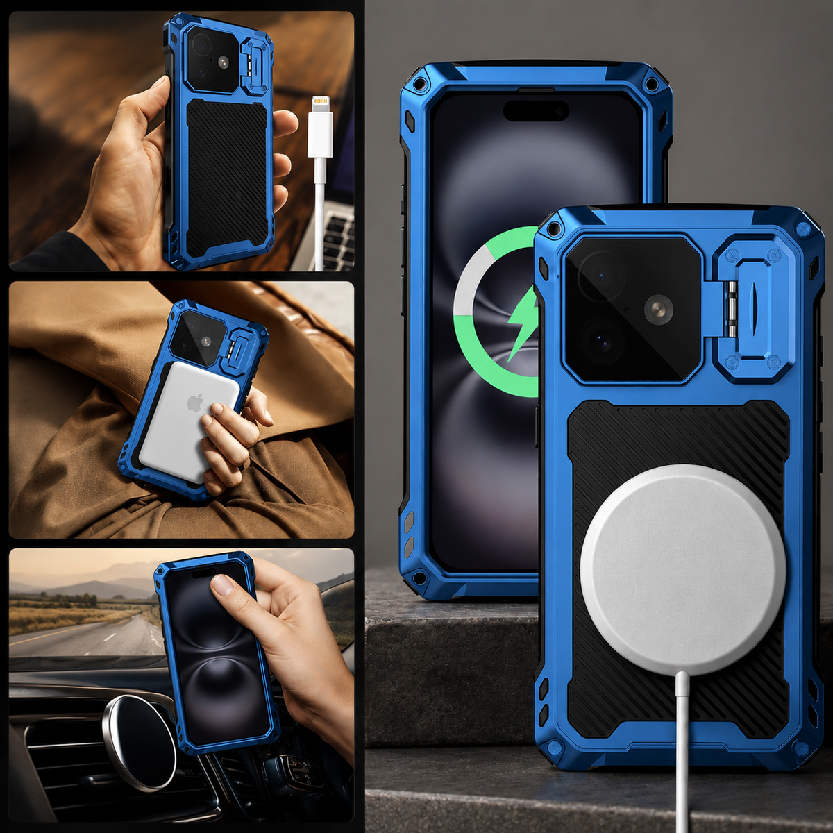 Premium iPhone Case Heavy Duty Metal MagSafe Cover Military Grade Shockproof Aluminum Bumper Camera Guard Kickstand 9H Screen Protection Rugged Design